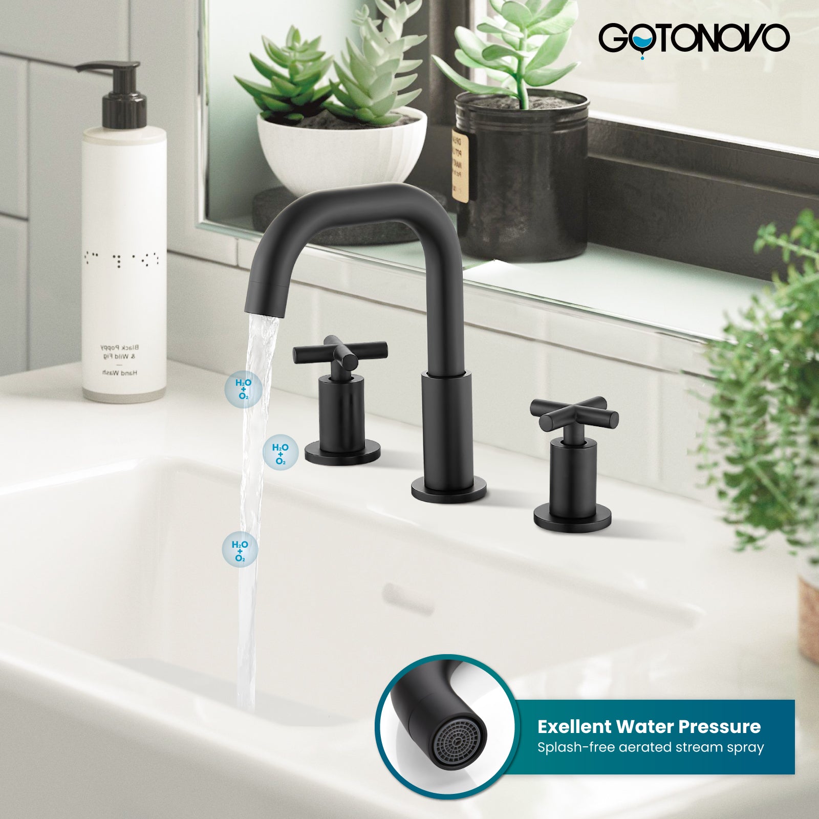 gotonovo 8 inch Widespread 3 Hole Bathroom Sink Faucet,2 Cross Handle Vanity Faucet Deck Mount Basin for Bathroom Sink 360° Swivel Spout with Pop Up Drain — thumbnail 3