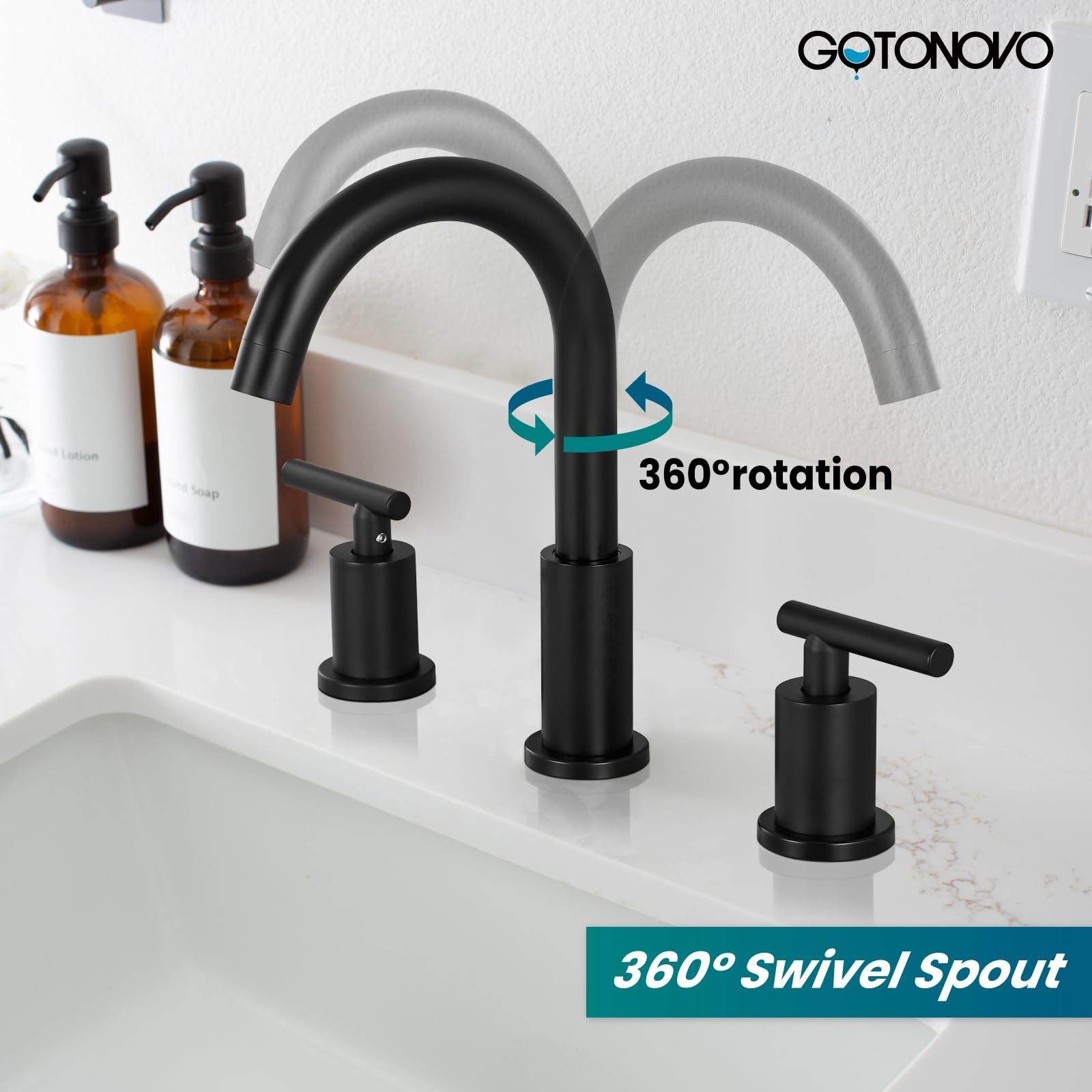 gotonovo 3 Hole 2 Handles Lavatory Basin Bathroom Sink Faucet with Pop Up Drain with Hot and Cold Mixer Valves 8 Inch Widespread Bathroom Faucet — thumbnail 3