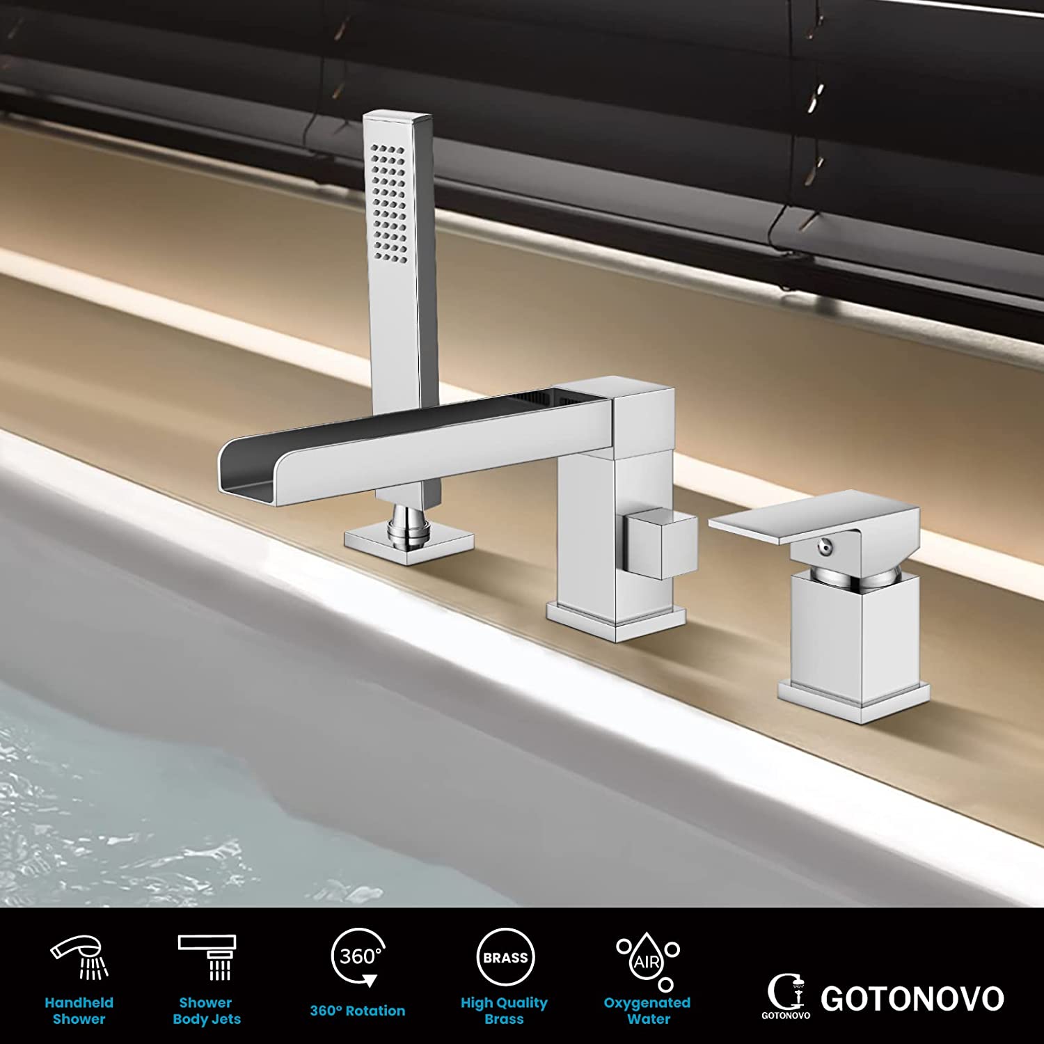 gotonovo Waterfall Roman Bathtub Faucet Tub Filler 3-Hole Deck Mount Single Handle Widespread Bathtub Faucet Set with Handheld Shower Bathroom Faucet — thumbnail 3