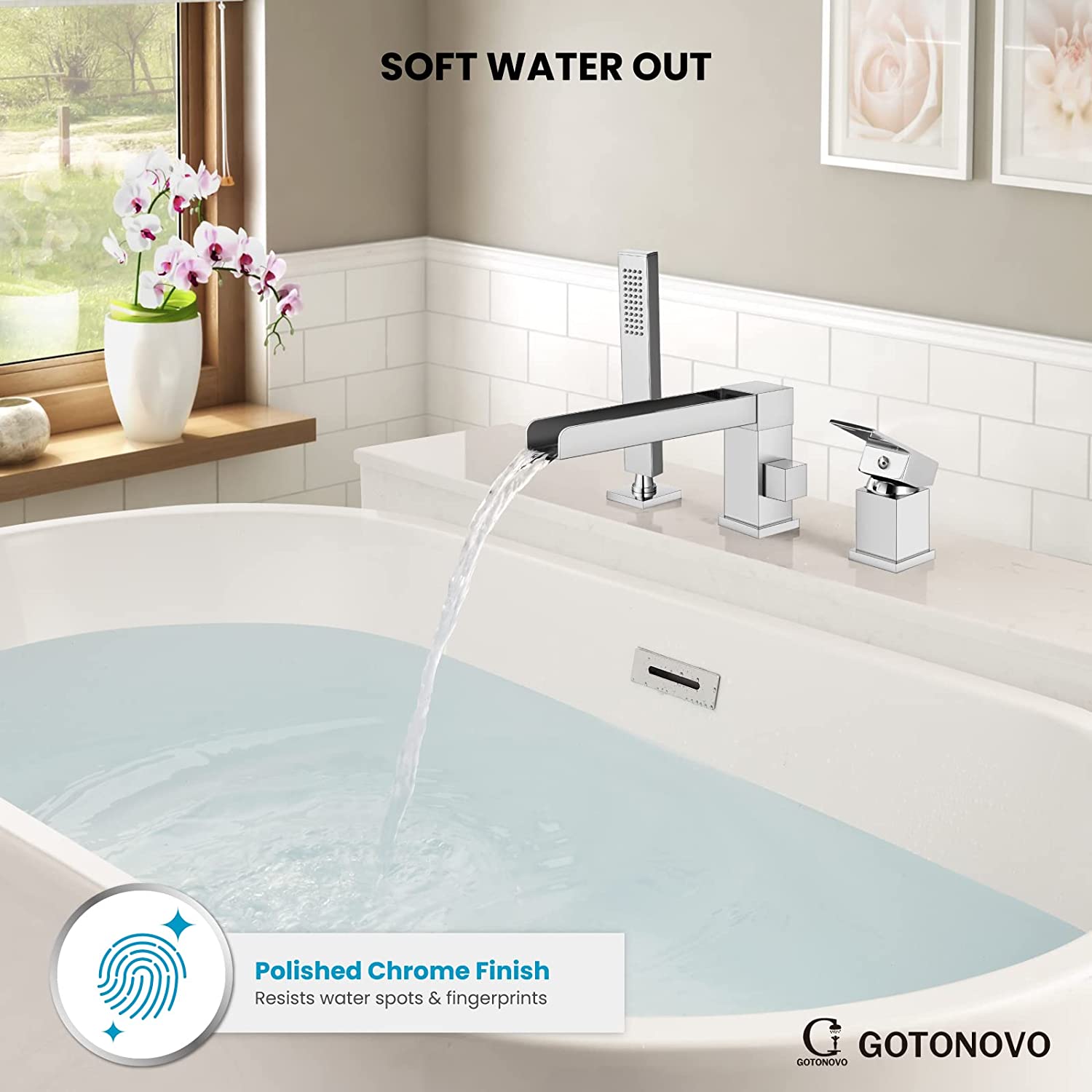 gotonovo Waterfall Roman Bathtub Faucet Tub Filler 3-Hole Deck Mount Single Handle Widespread Bathtub Faucet Set with Handheld Shower Bathroom Faucet — thumbnail 2