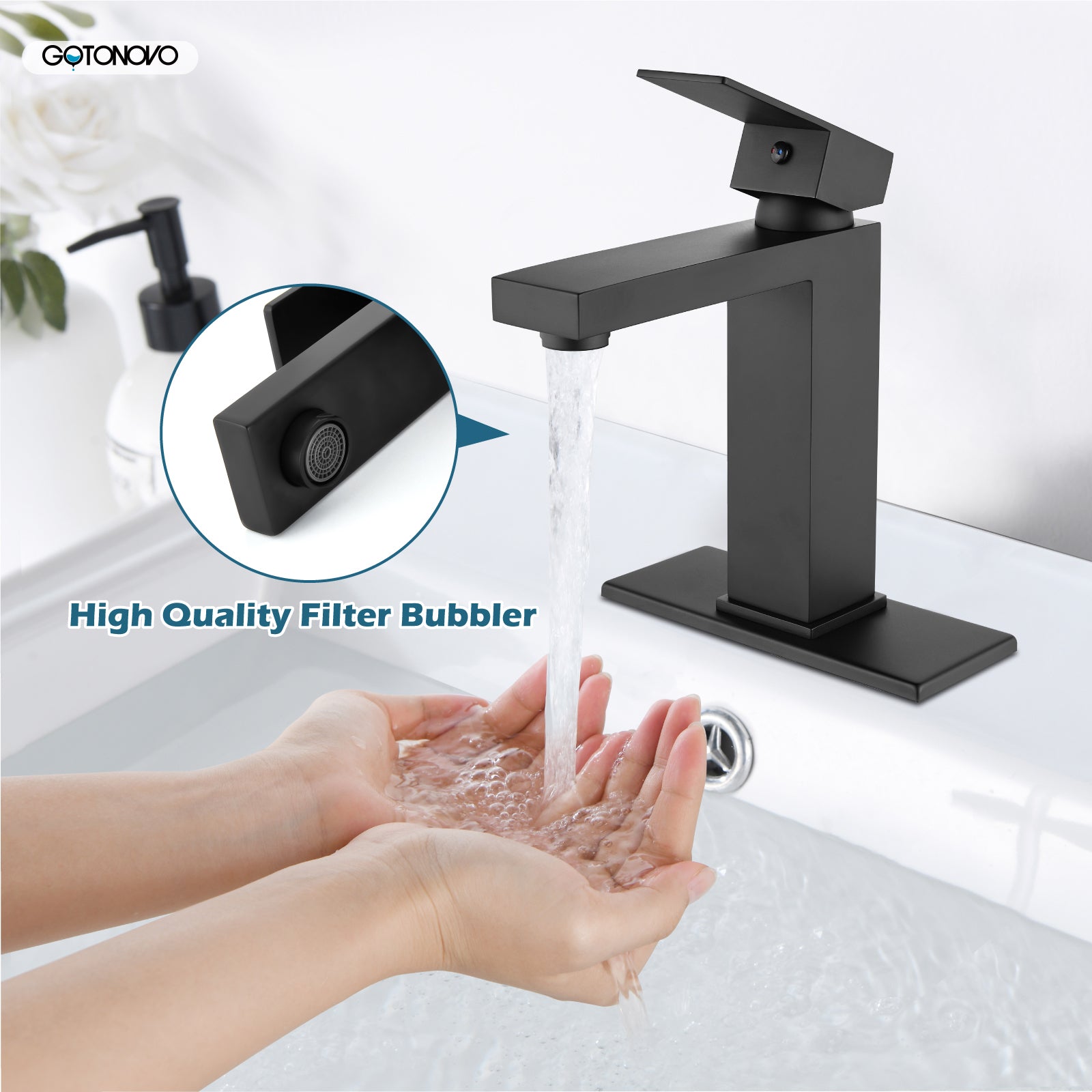 gotonovo Bathroom Sink Faucet Single Handle 1 Hole One Lever Stainless Steel SUS304 Commercial Deck Mount Lavatory Mixer Tap Include Pop Up Drain and Cover Plate — thumbnail 3