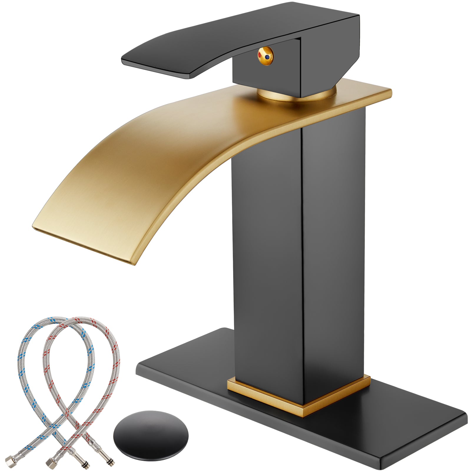 gotonovo Bathroom Sink Faucet Single Handle 1 Hole Waterfall Spout Vanity Sink Faucet Deck Mount Mixer Tap Lavatory with Deck Plate and Pop Up Drain — image 1