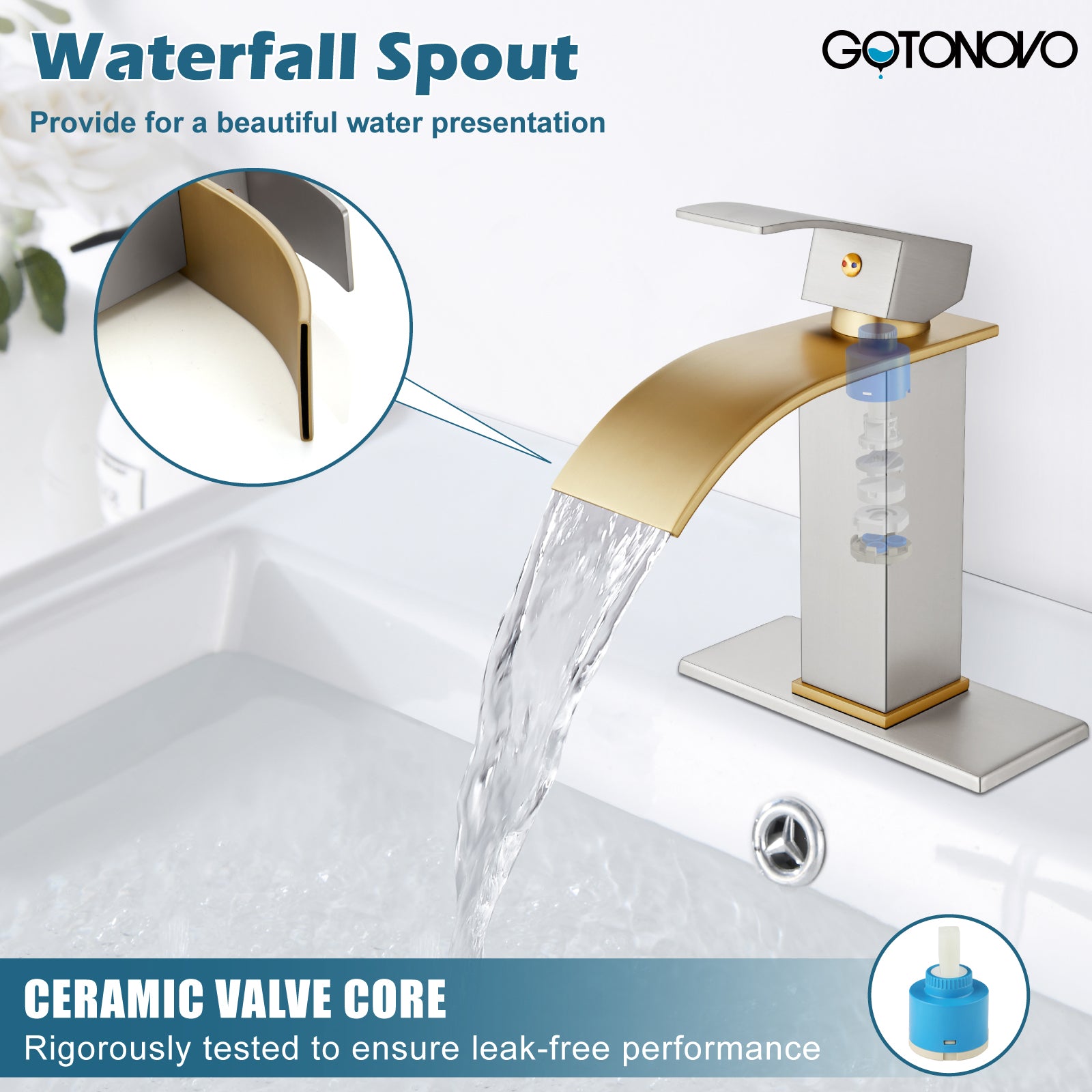 gotonovo Bathroom Sink Faucet Single Handle 1 Hole Waterfall Spout Vanity Sink Faucet Deck Mount Mixer Tap Lavatory with Deck Plate and Pop Up Drain — thumbnail 3