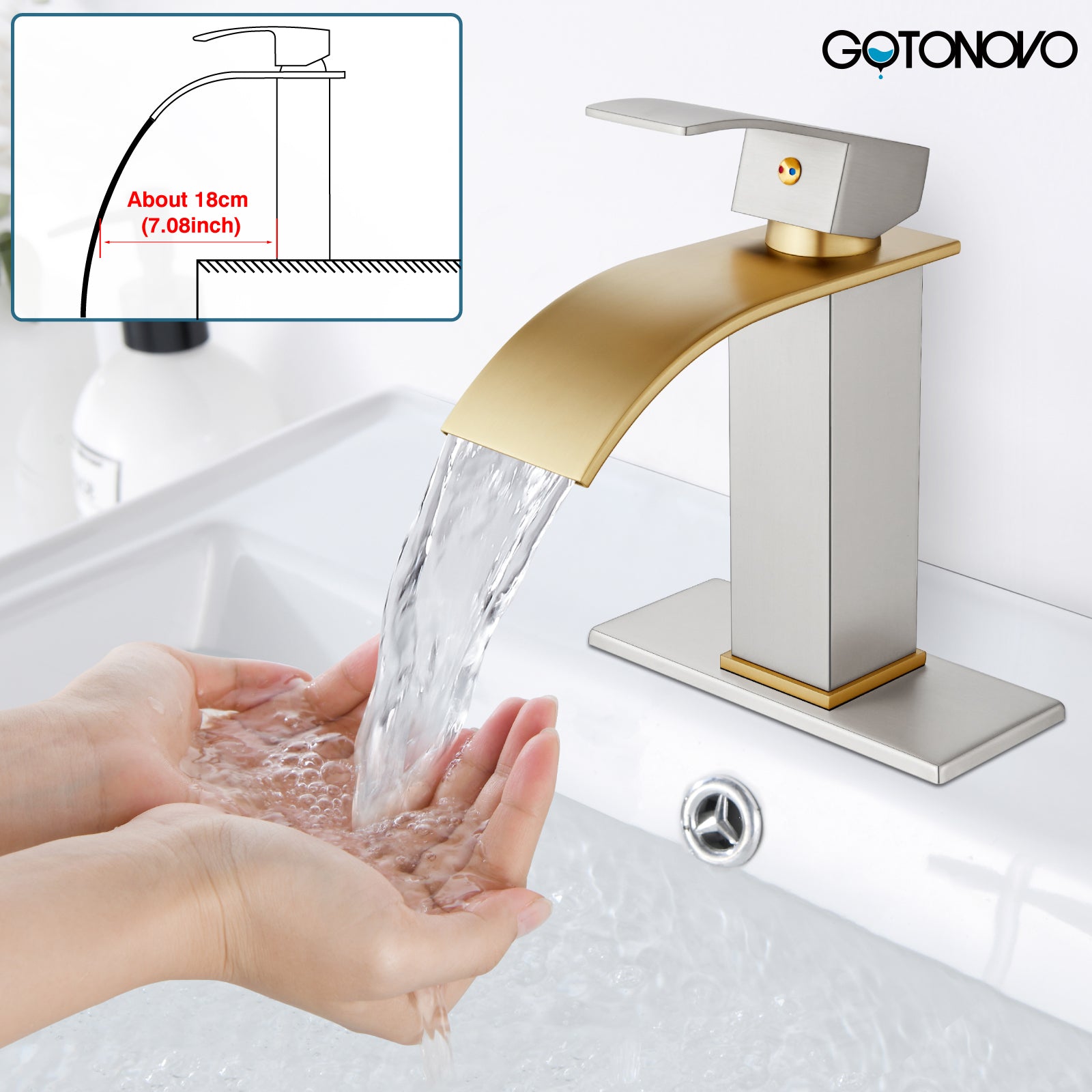 gotonovo Bathroom Sink Faucet Single Handle 1 Hole Waterfall Spout Vanity Sink Faucet Deck Mount Mixer Tap Lavatory with Deck Plate and Pop Up Drain — thumbnail 2