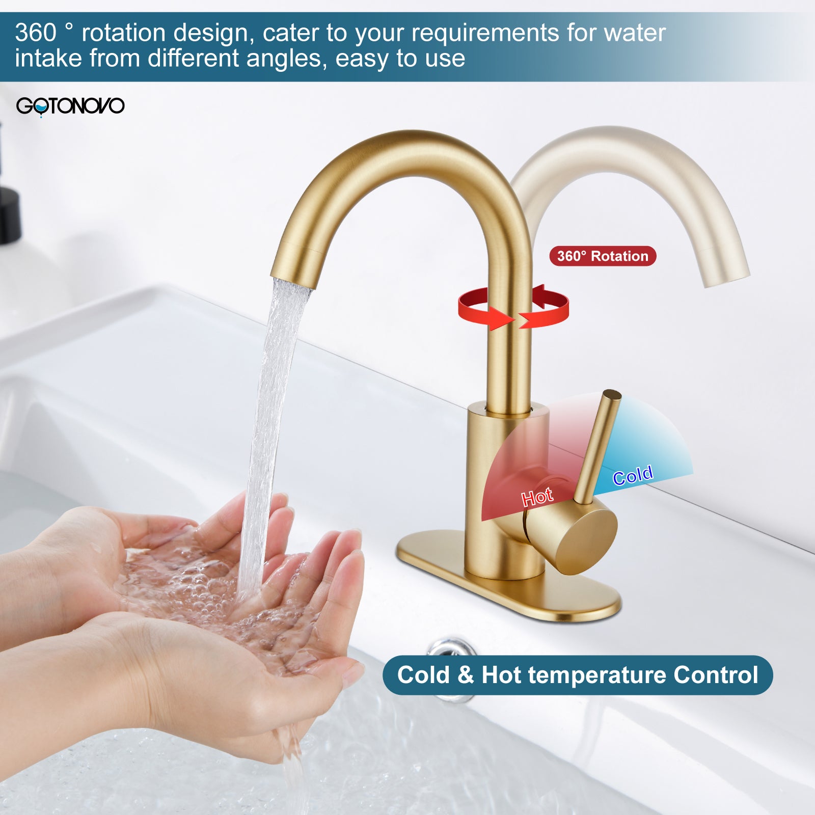 gotonovo Bathroom Sink Faucet Single Handle Vanity Faucet with 360°Rotation Spout Wet Bar Pre-Kitchen Farmhouse RV with Deck Plate and Supply Hoses — thumbnail 3