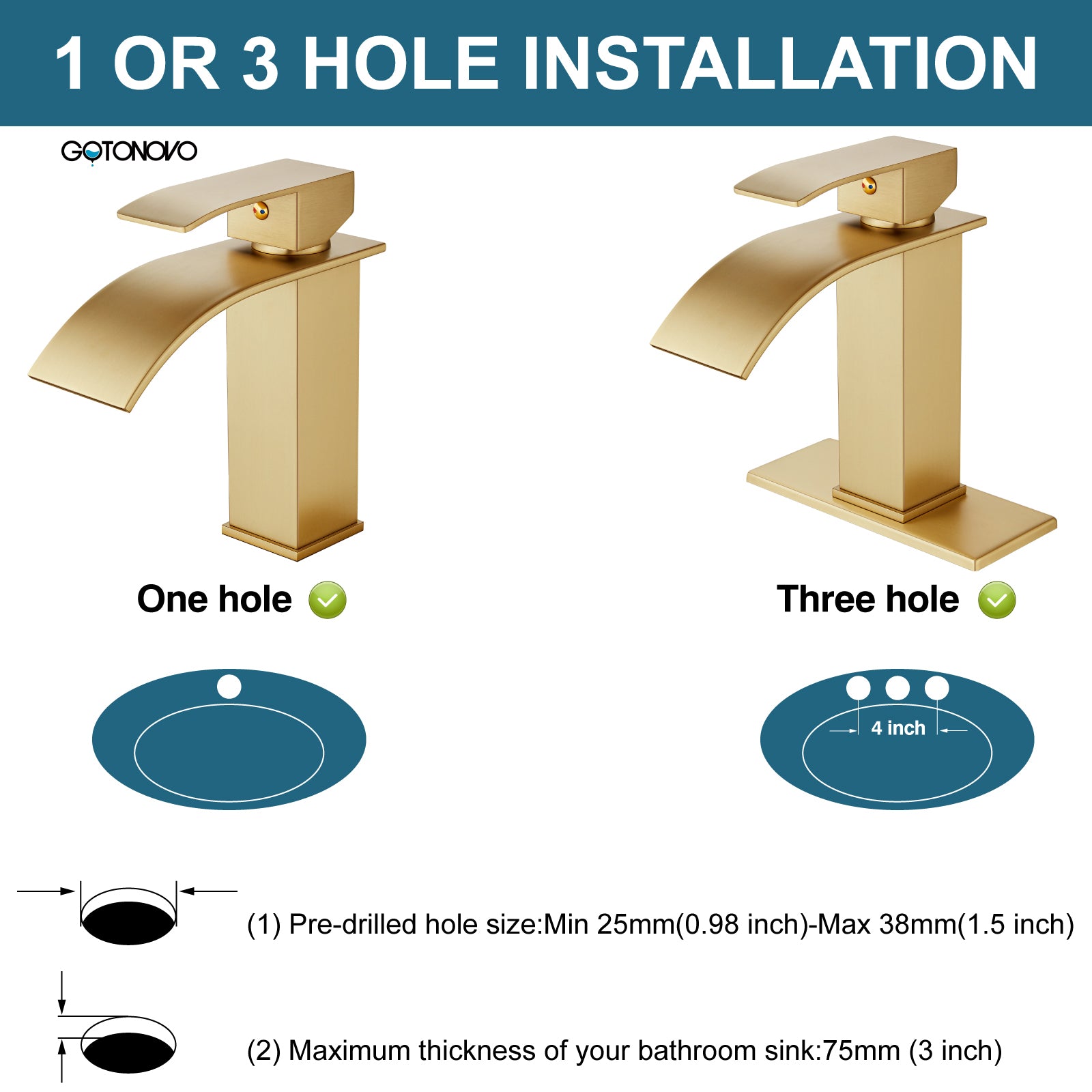 gotonovo Waterfall Bathroom Sink Faucet Single Hole 1 Handle Lavatory Vanity Faucet with Deck Plate Deck Mount Hot & Cold Water Mixer Tap — thumbnail 2