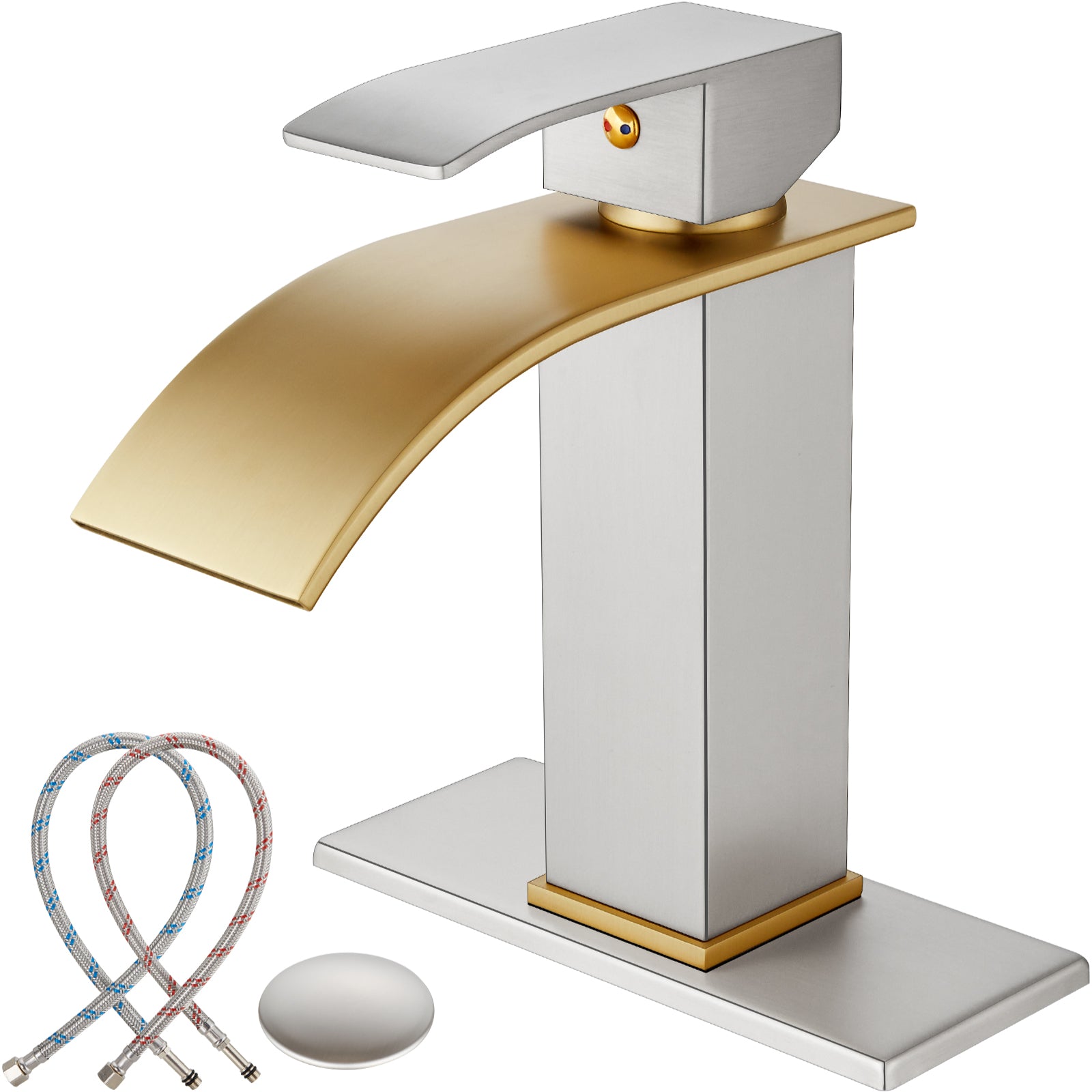 gotonovo Bathroom Sink Faucet Single Handle 1 Hole Waterfall Spout Vanity Sink Faucet Deck Mount Mixer Tap Lavatory with Deck Plate and Pop Up Drain — image 1