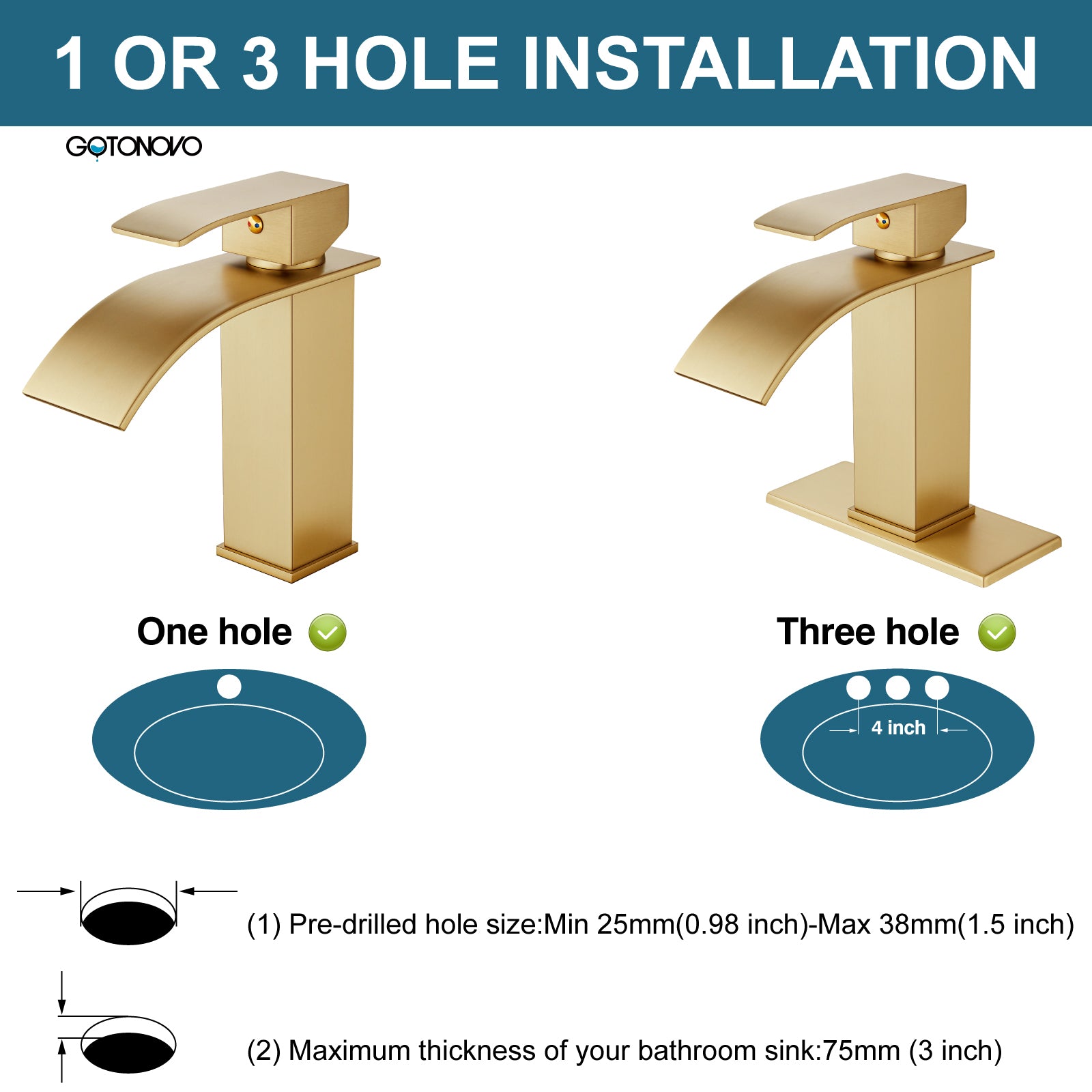 gotonovo Bathroom Sink Faucet Waterfall Spout Deck Mount Single Handle 1 Hole Deck Plate Pop Up Drain with Overflow with Mixer Tap Lavatory Vanity Sink Faucet Commercial — image 1