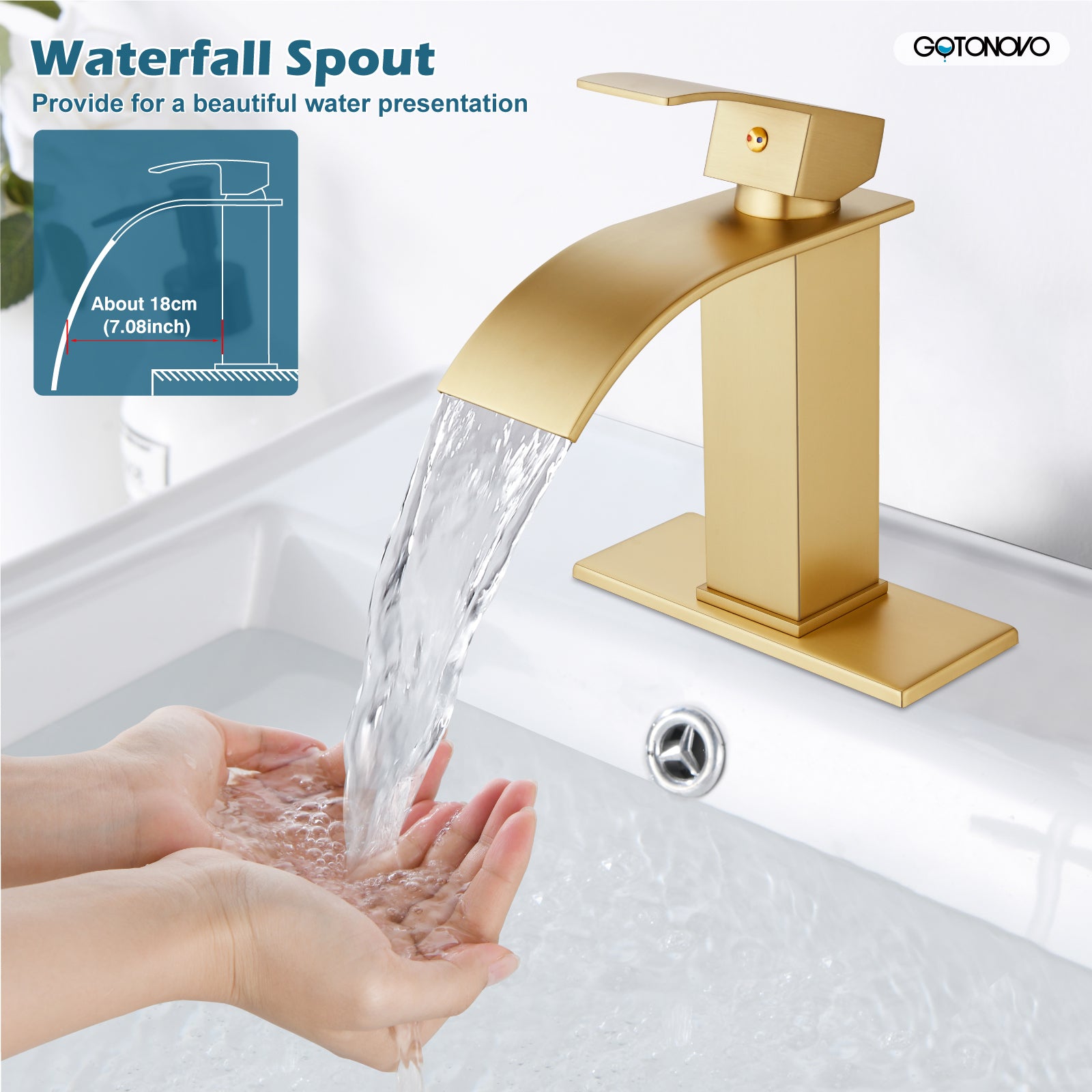 gotonovo Bathroom Sink Faucet Waterfall Spout Deck Mount Single Handle 1 Hole  Deck Plate Pop Up Drain with Overflow with Mixer Tap Lavatory Vanity Sink Faucet Commercial — thumbnail 3