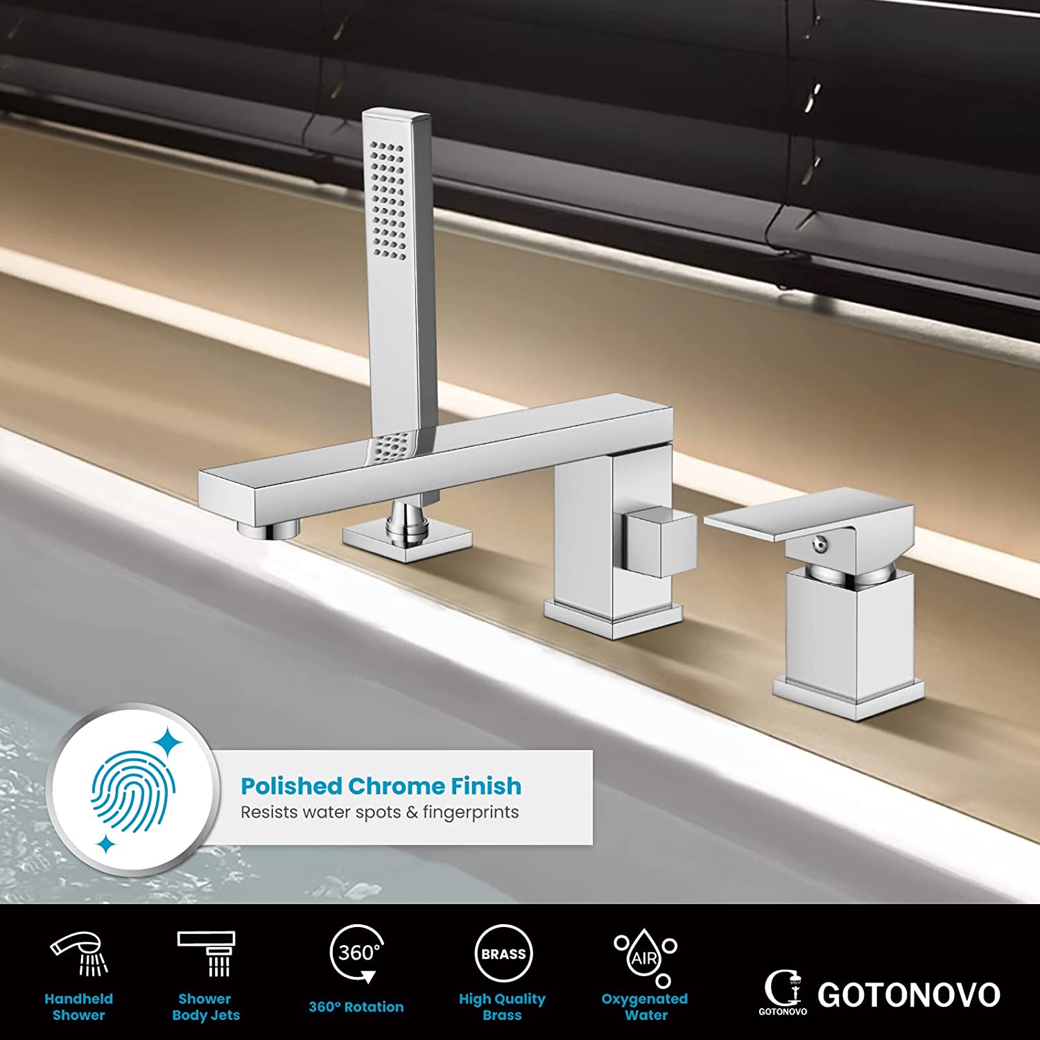 gotonovo Deck Mount Roman Tub Filler Faucet 3-Hole Single Handle Widespread Bathtub Faucet with Handheld Shower Bathroom Tub Faucet Set — thumbnail 2