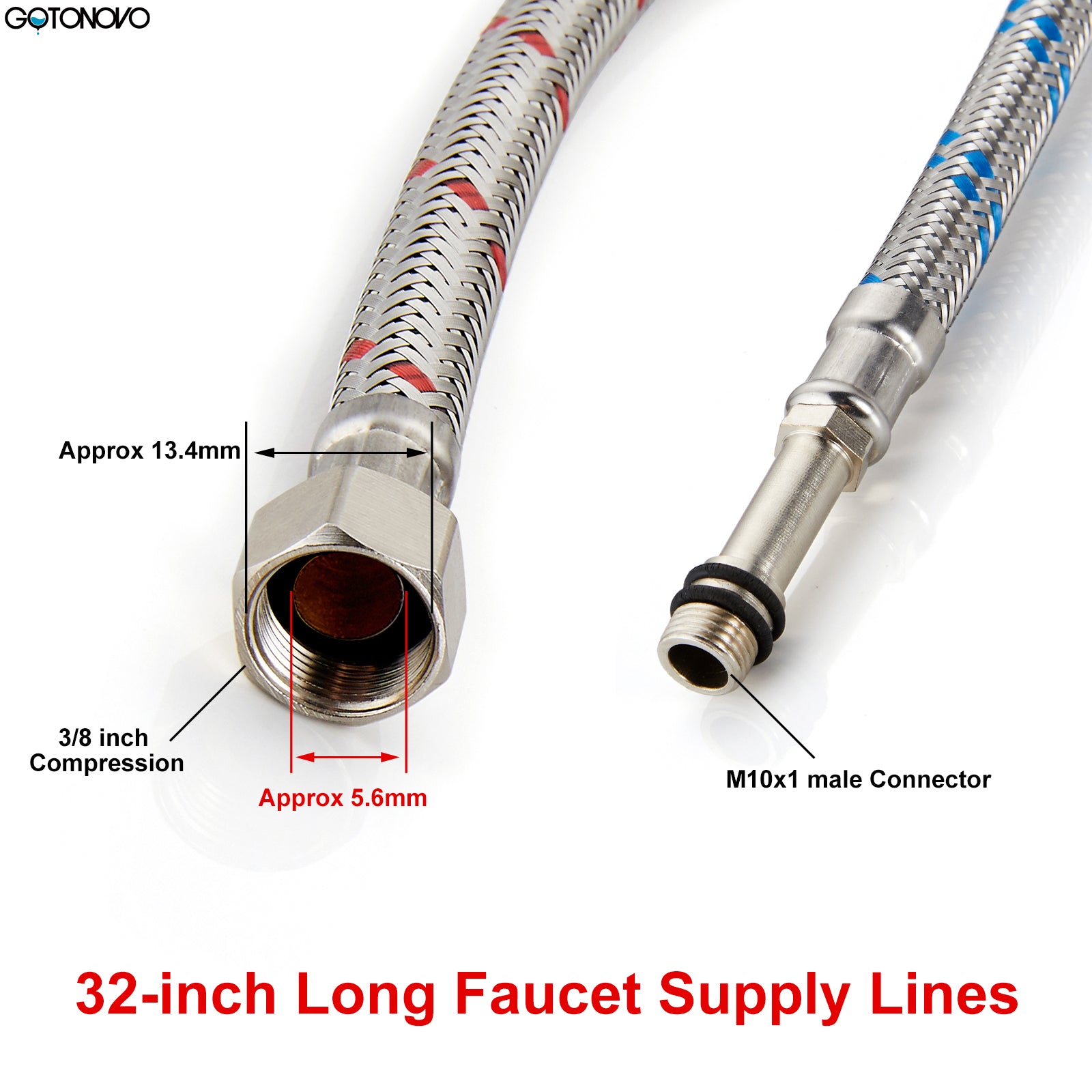 gotonovo 2 Pcs (1 Pair) Long Faucet Connector, Braided Stainless Steel Supply Hose 3/8-Inch Female Compression Thread x M10 Male Connector — thumbnail 2