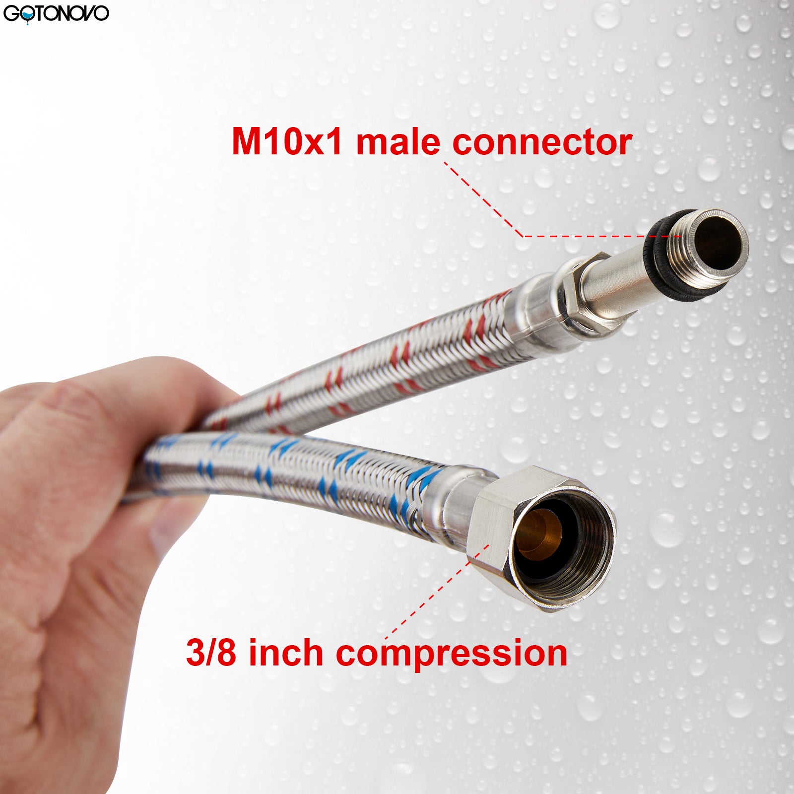 gotonovo 2 Pcs (1 Pair) Long Faucet Connector, Braided Stainless Steel Supply Hose 3/8-Inch Female Compression Thread x M10 Male Connector — thumbnail 3