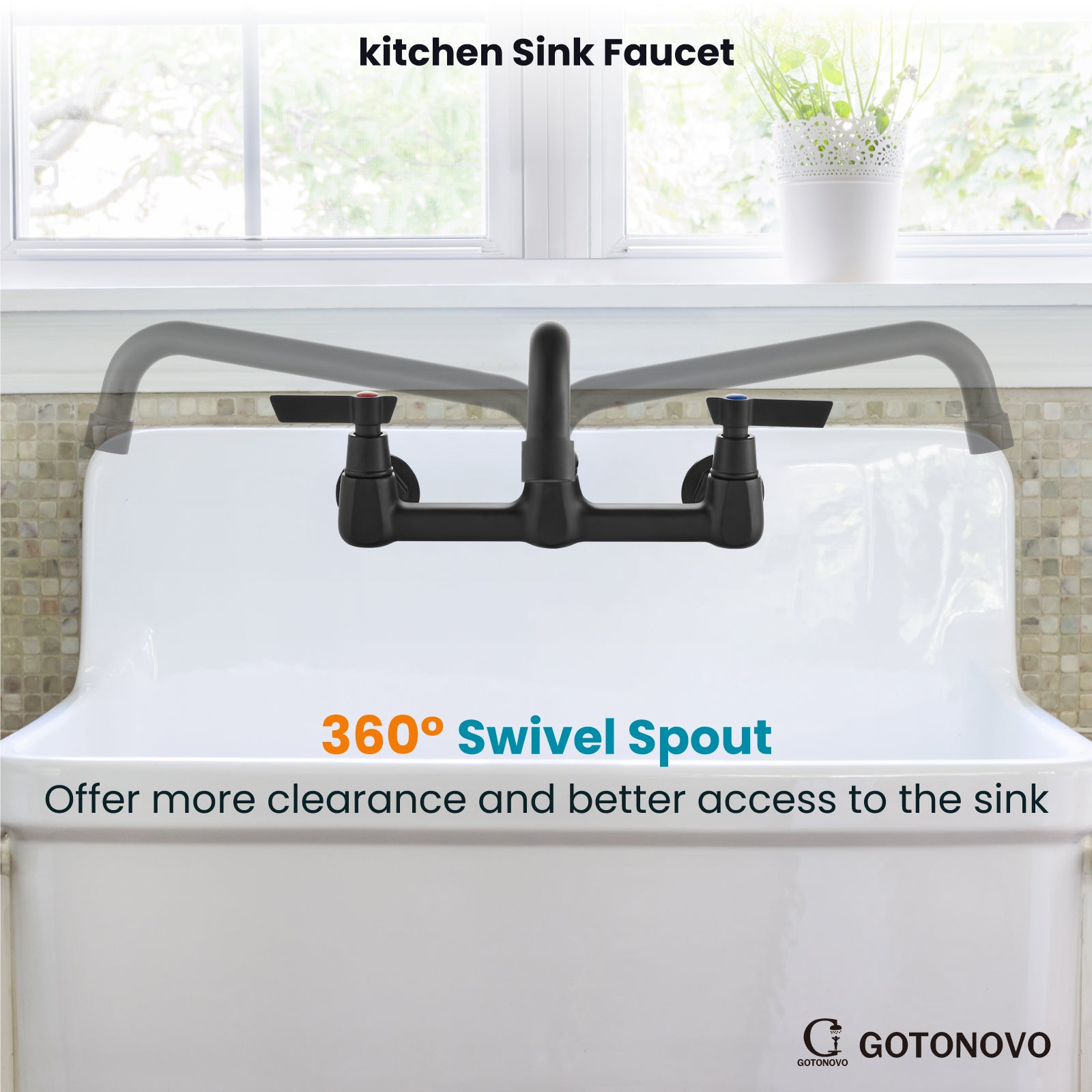 gotonovo 8 Inch Center Sink Mount 360 Degree Swivel Spout Double Handles Kitchen Sink Faucet Kitchen Commercial Sink Utility Laundry Sink Mixer Tap with Converter — thumbnail 3