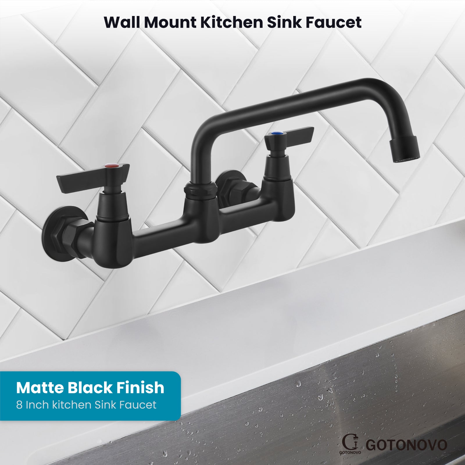 gotonovo 8 Inch Center Sink Mount 360 Degree Swivel Spout Double Handles Kitchen Sink Faucet Kitchen Commercial Sink Utility Laundry Sink Mixer Tap with Converter — thumbnail 2