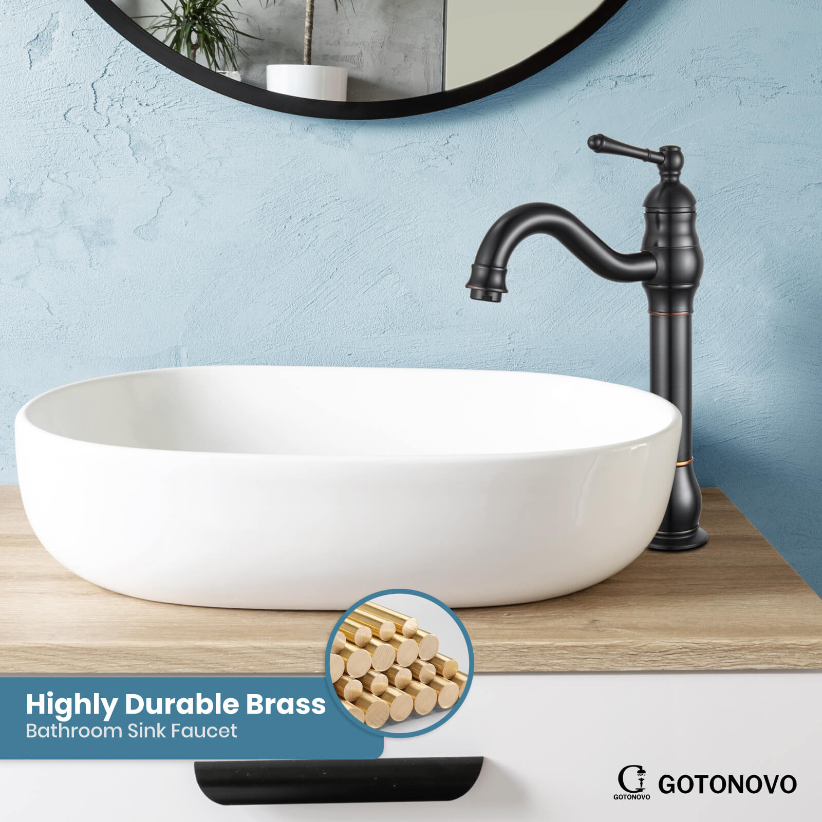 gotonovo Bathroom Vessel Sink Faucet Single Handle Lavatory Vanity Mixer Bar Tap with Pop Up Drain Tall Spout Single Hole Deck Mount — thumbnail 3