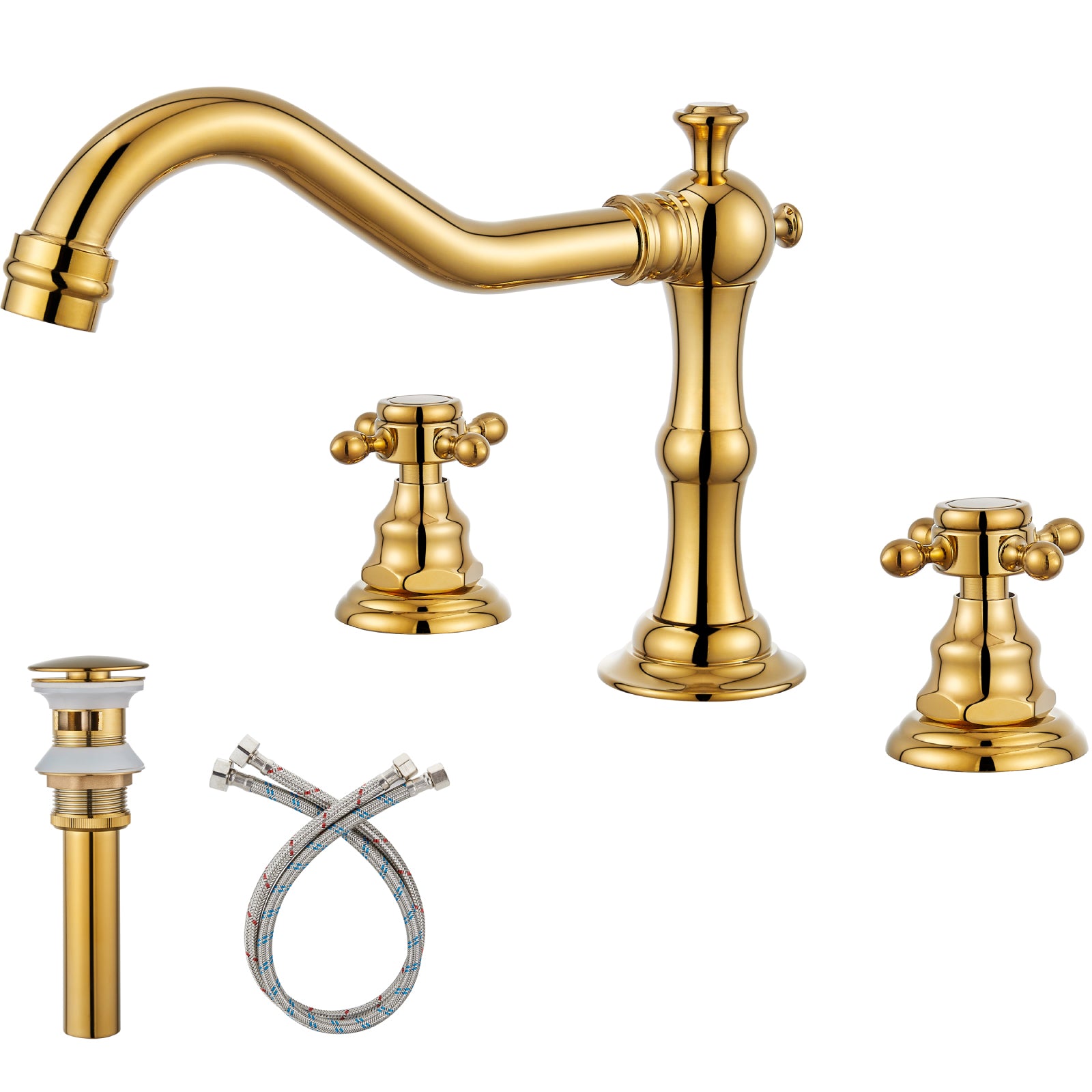 gotonovo Victorian Widespread Three Holes Deck Mounted Bathroom Sink Faucet with Pop Up Drain with Overflow