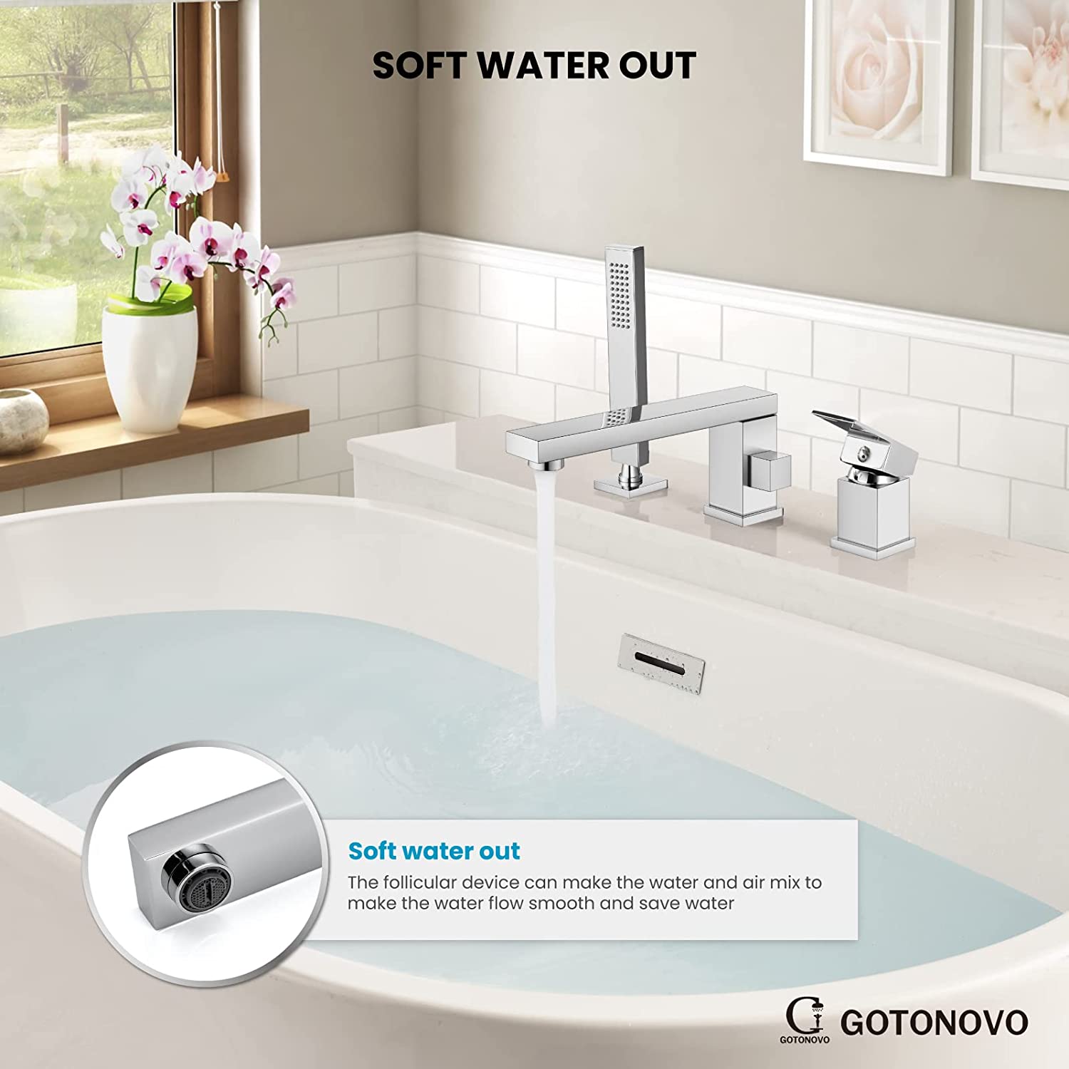 gotonovo Deck Mount Roman Tub Filler Faucet 3-Hole Single Handle Widespread Bathtub Faucet with Handheld Shower Bathroom Tub Faucet Set — thumbnail 3