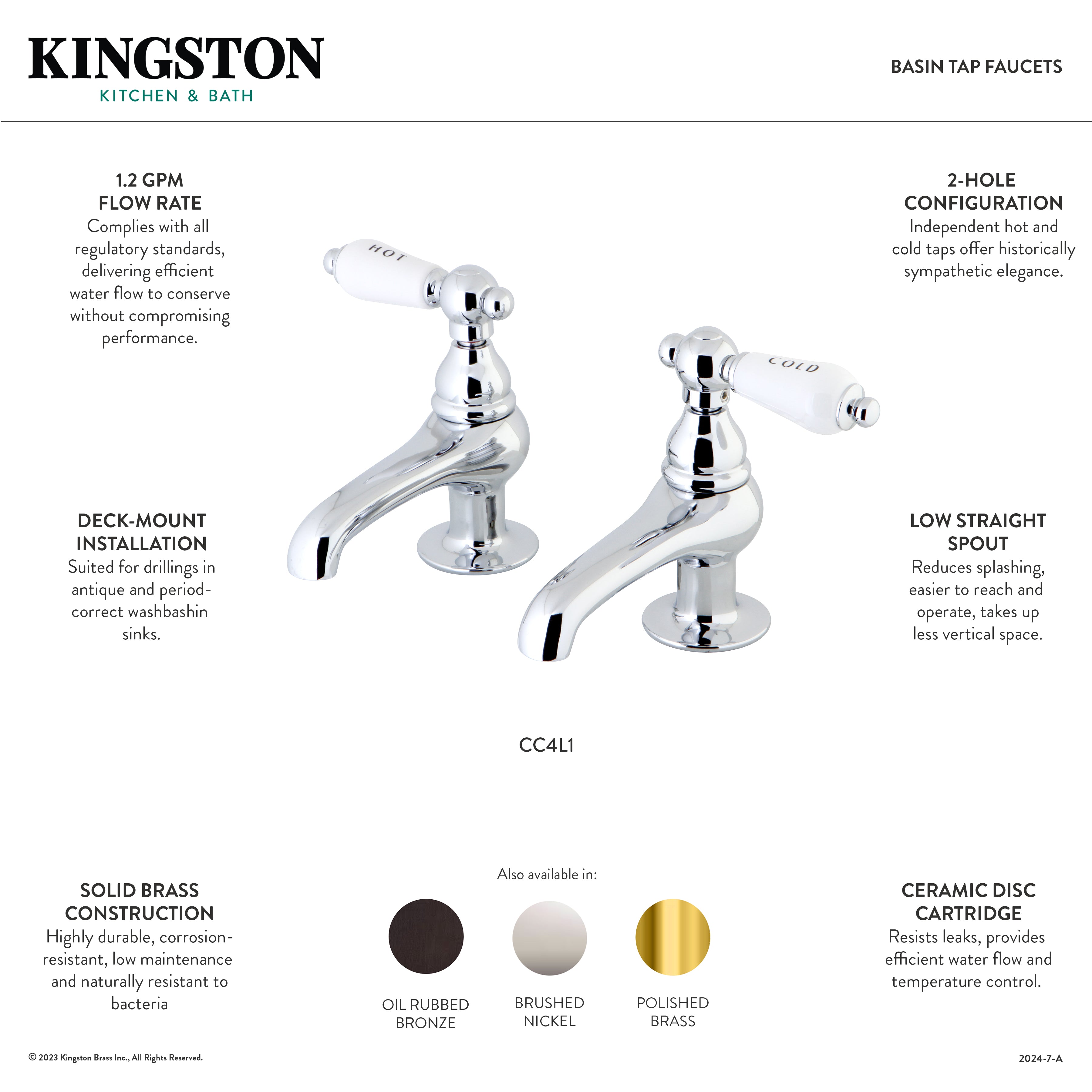 Kingston Heirloom CC4L1 - Vintage Two-Handle Deck Mount Basin Tap Faucet, Polished Chrome — thumbnail 2