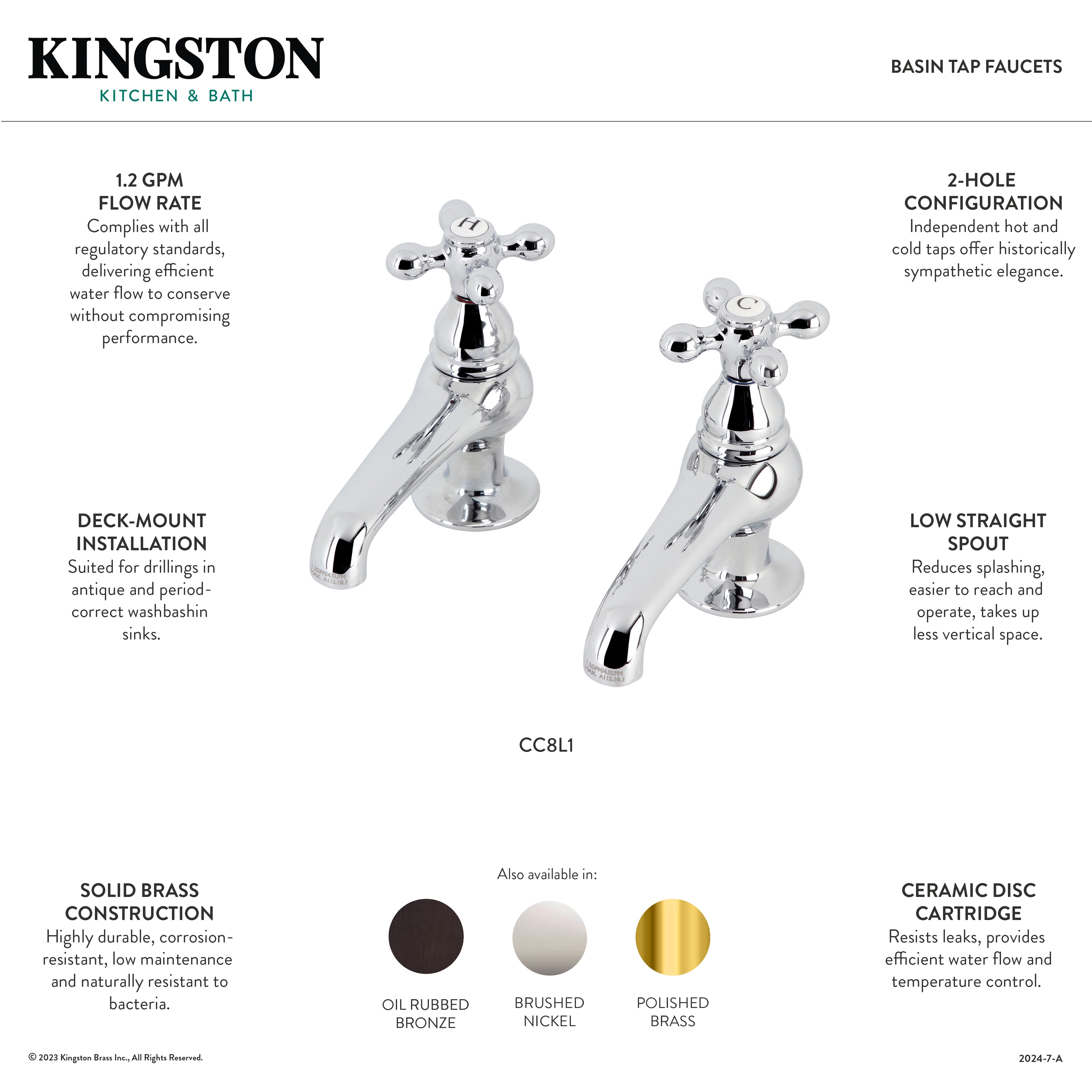 Kingston Heirloom CC7L5 - Vintage Two-Handle Deck Mount Basin Tap Faucet, Oil Rubbed Bronze — thumbnail 2