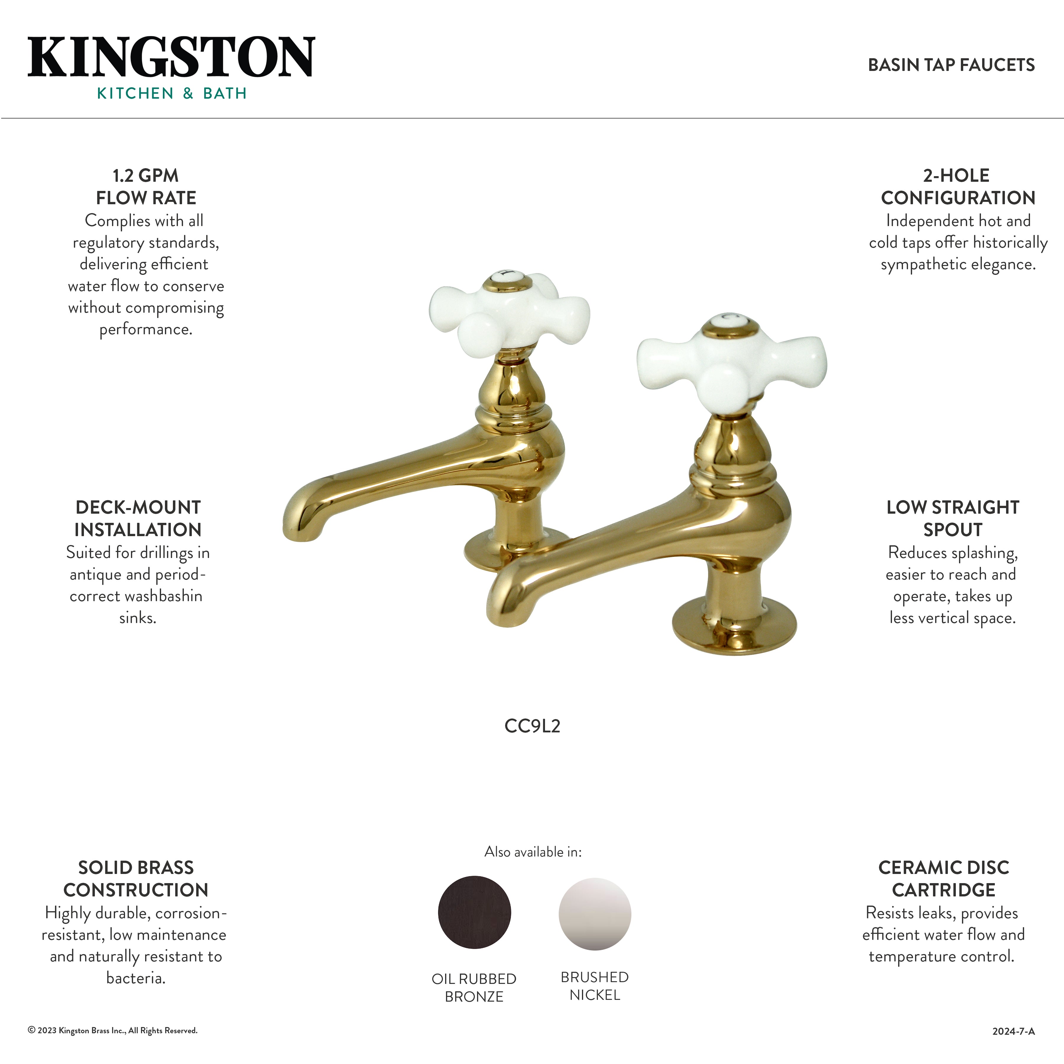 Kingston Heirloom CC9L8 - Vintage Two-Handle Deck Mount Basin Tap Faucet, Brushed Nickel — thumbnail 2