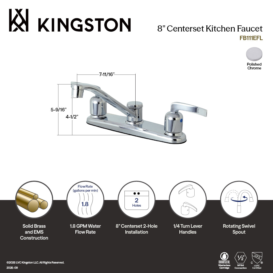 Kingston Tulare FB111EFL - Centurion Two-Handle 2-Hole 8" Centerset Kitchen Faucet, Polished Chrome — thumbnail 3