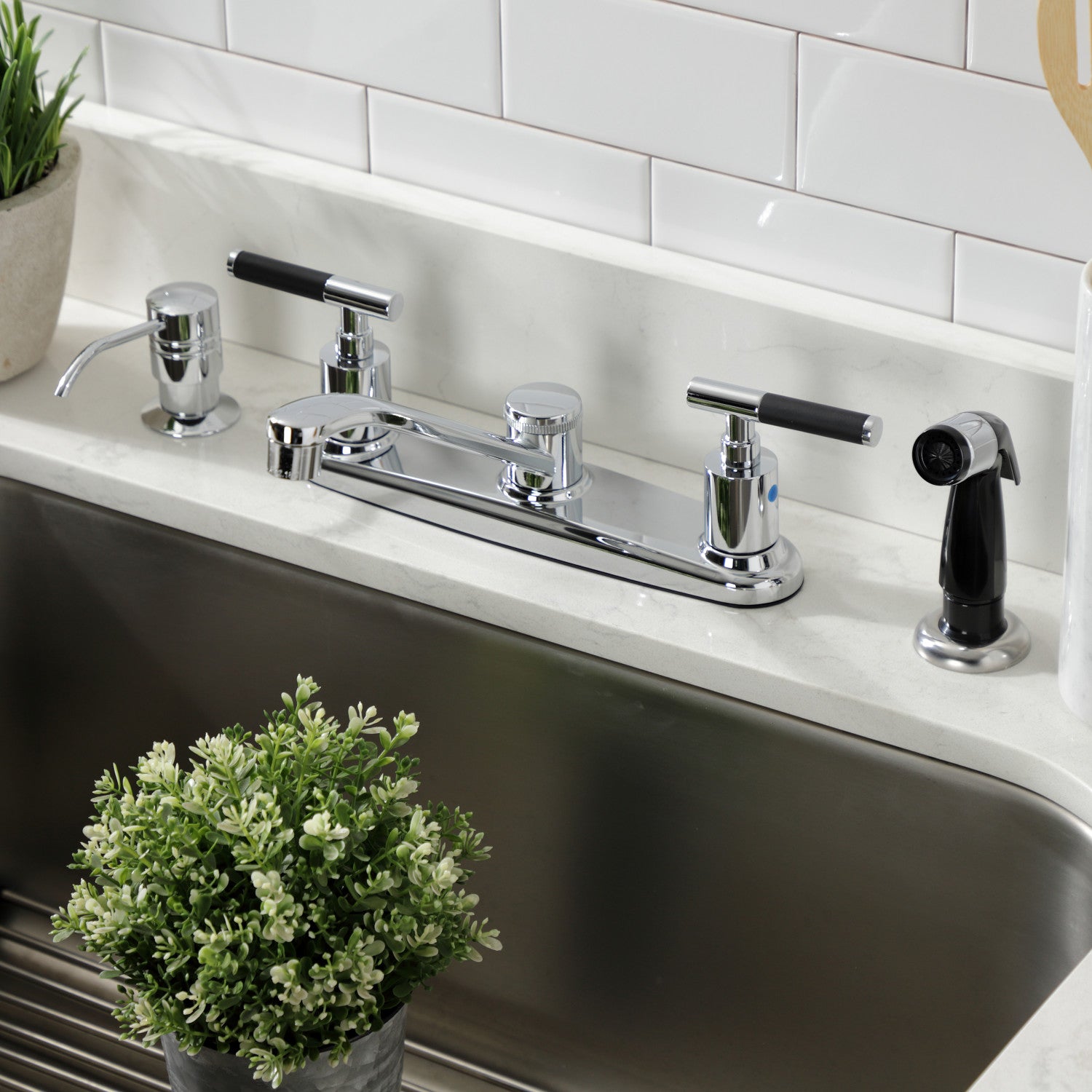 Kingston Tulare FB112CKL - Kaiser Two-Handle 4-Hole 8" Centerset Kitchen Faucet with Side Sprayer, Polished Chrome — thumbnail 2