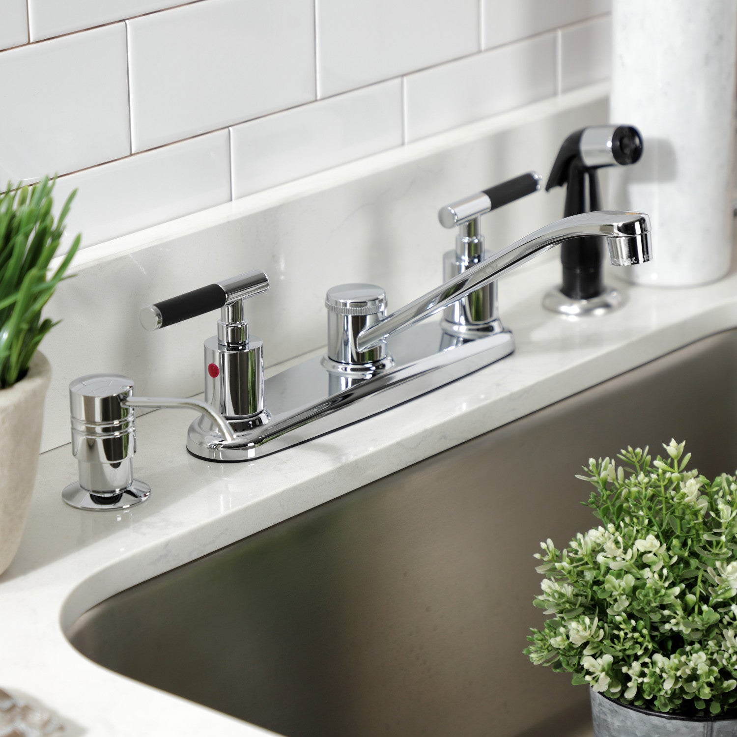 Kingston Tulare FB112CKL - Kaiser Two-Handle 4-Hole 8" Centerset Kitchen Faucet with Side Sprayer, Polished Chrome — thumbnail 3