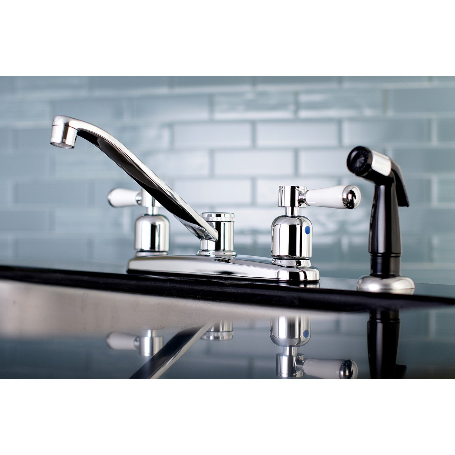 Kingston Tulare FB112DPL - Paris Two-Handle 4-Hole 8" Centerset Kitchen Faucet with Side Sprayer, Polished Chrome — thumbnail 2