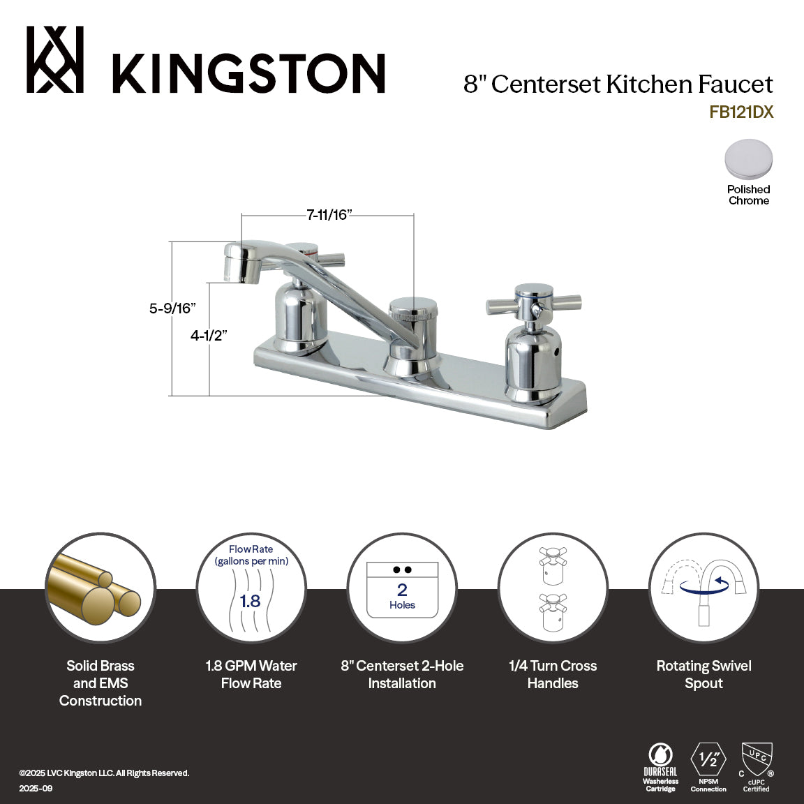 Kingston Tulare FB121DX - Concord Two-Handle 2-Hole 8" Centerset Kitchen Faucet, Polished Chrome — thumbnail 2