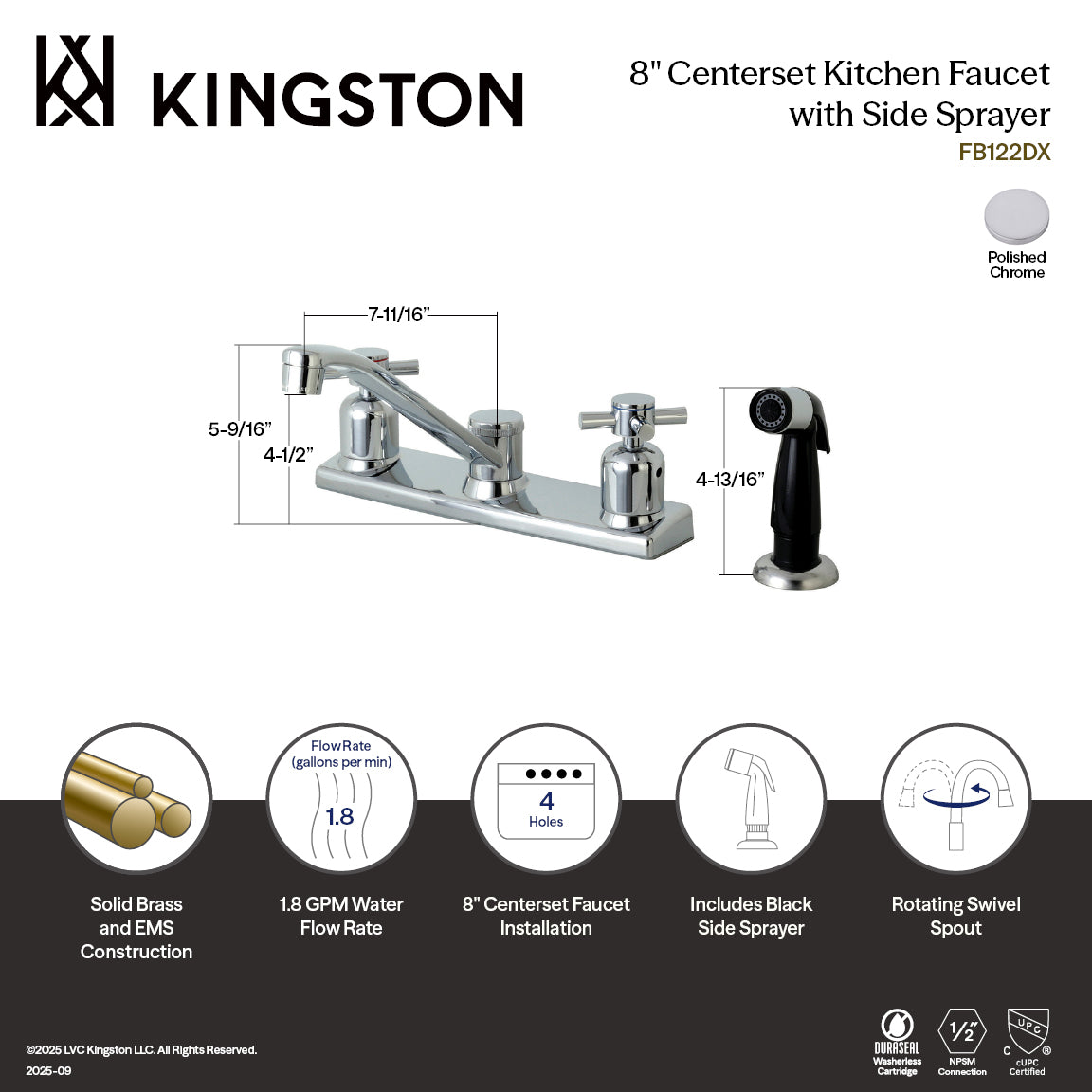 Kingston Tulare FB122DX - Concord Two-Handle 4-Hole 8" Centerset Kitchen Faucet with Side Sprayer, Polished Chrome — thumbnail 2