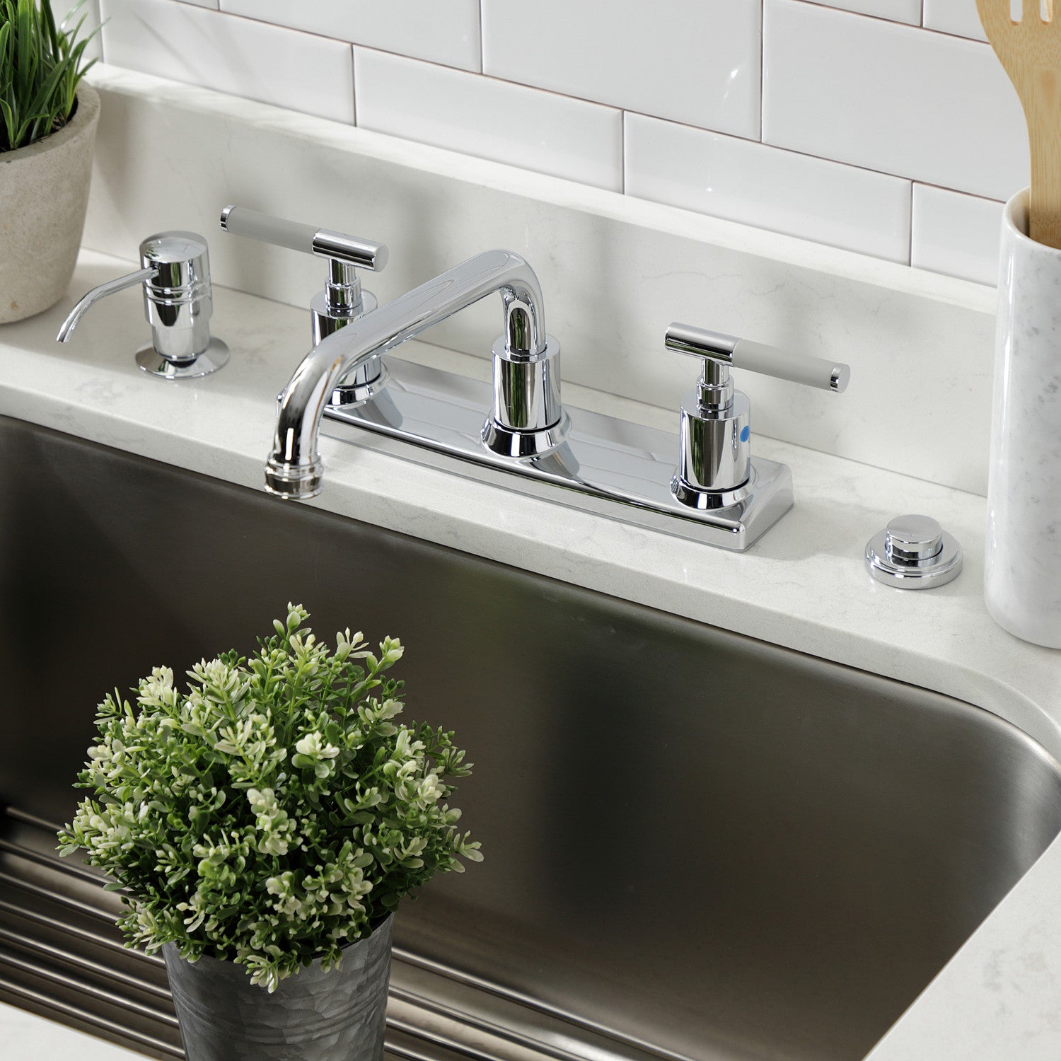 Kingston Sona FB2131CKL - Kaiser Two-Handle 2-Hole 8" Centerset Kitchen Faucet, Polished Chrome — thumbnail 3