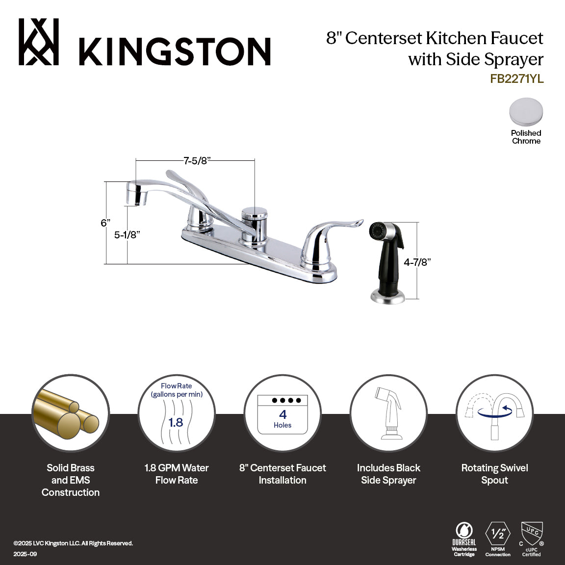 Kingston Yosemite FB2271YL Two-Handle 4-Hole 8" Centerset Kitchen Faucet with Side Sprayer, Polished Chrome — thumbnail 3