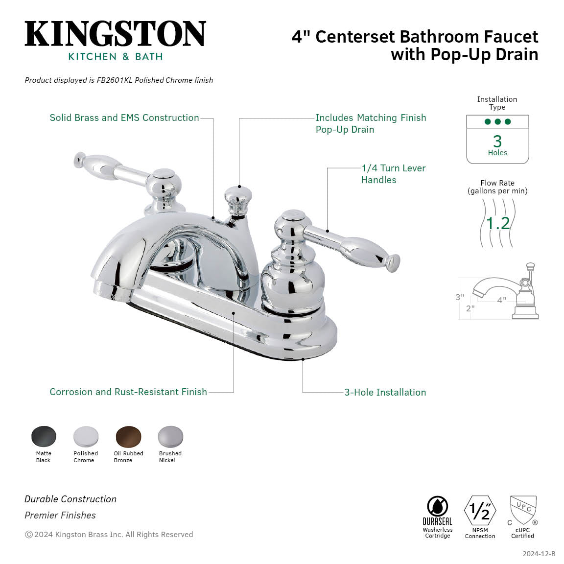 Kingston Tulare FB2601KL - Knight Double-Handle 3-Hole Deck Mount 4-Inch Centerset Bathroom Faucet with Pop-Up Drain, Polished Chrome — thumbnail 2