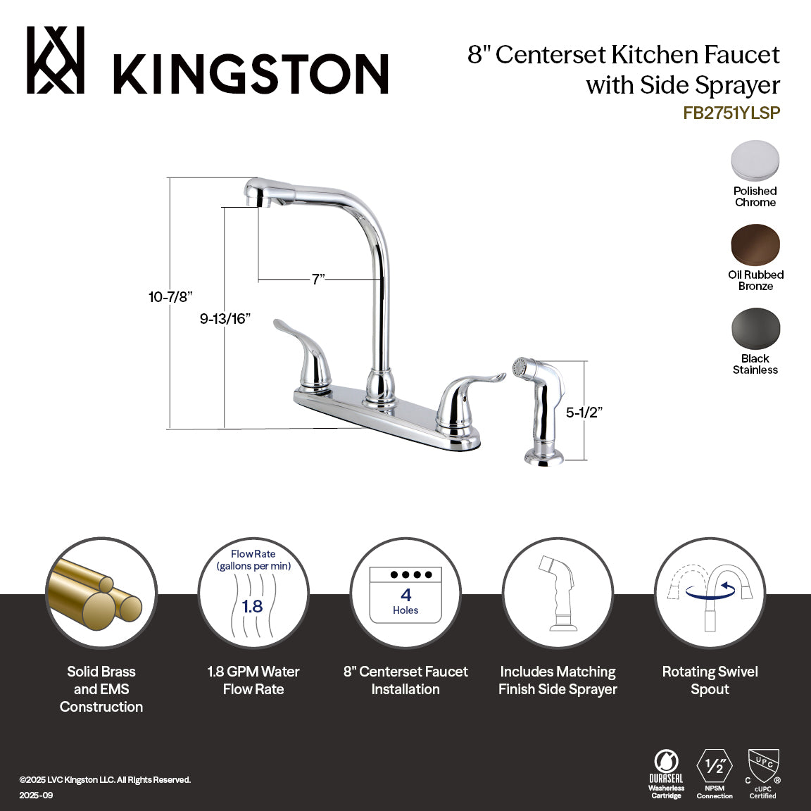 Kingston Tulare FB2751YLSP - Yosemite Two-Handle 4-Hole 8" Centerset Kitchen Faucet with Side Sprayer, Polished Chrome — thumbnail 2