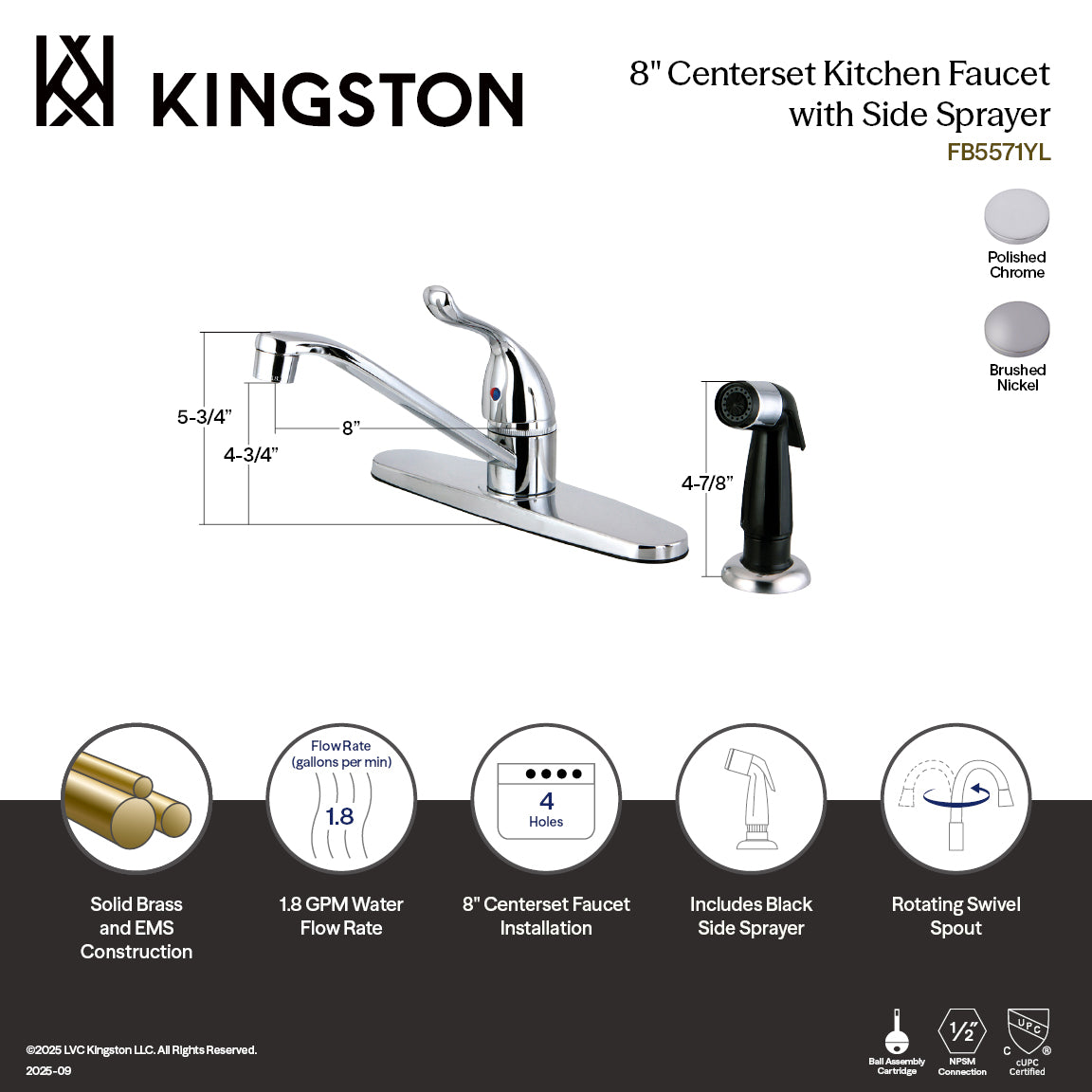 Kingston Tulare FB5571YL - Yosemite One-Handle 4-Hole 8" Centerset Kitchen Faucet with Side Sprayer, Polished Chrome — thumbnail 2