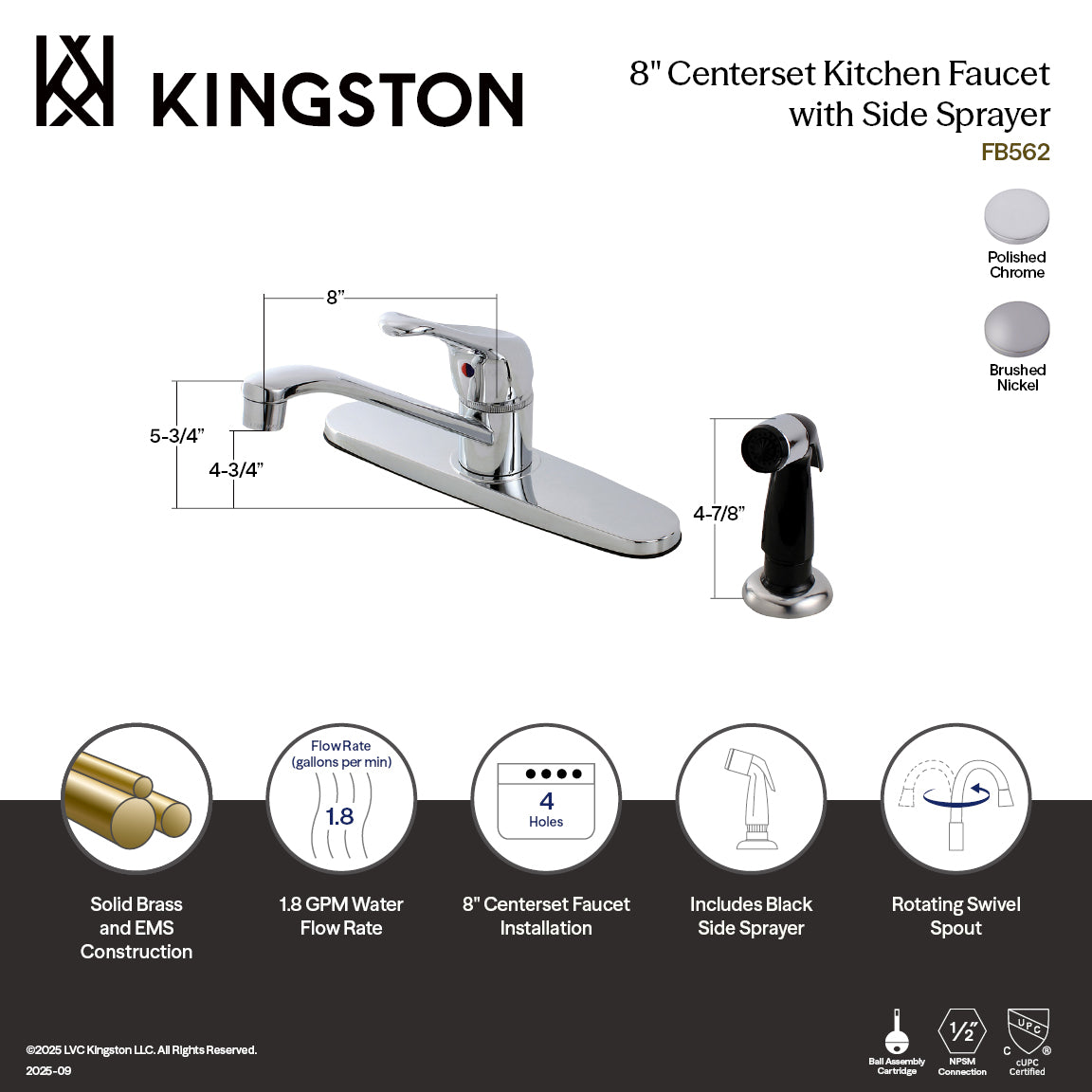 Kingston Tulare FB562SN - Wyndham One-Handle 4-Hole 8" Centerset Kitchen Faucet with Side Sprayer, Brushed Nickel — thumbnail 2