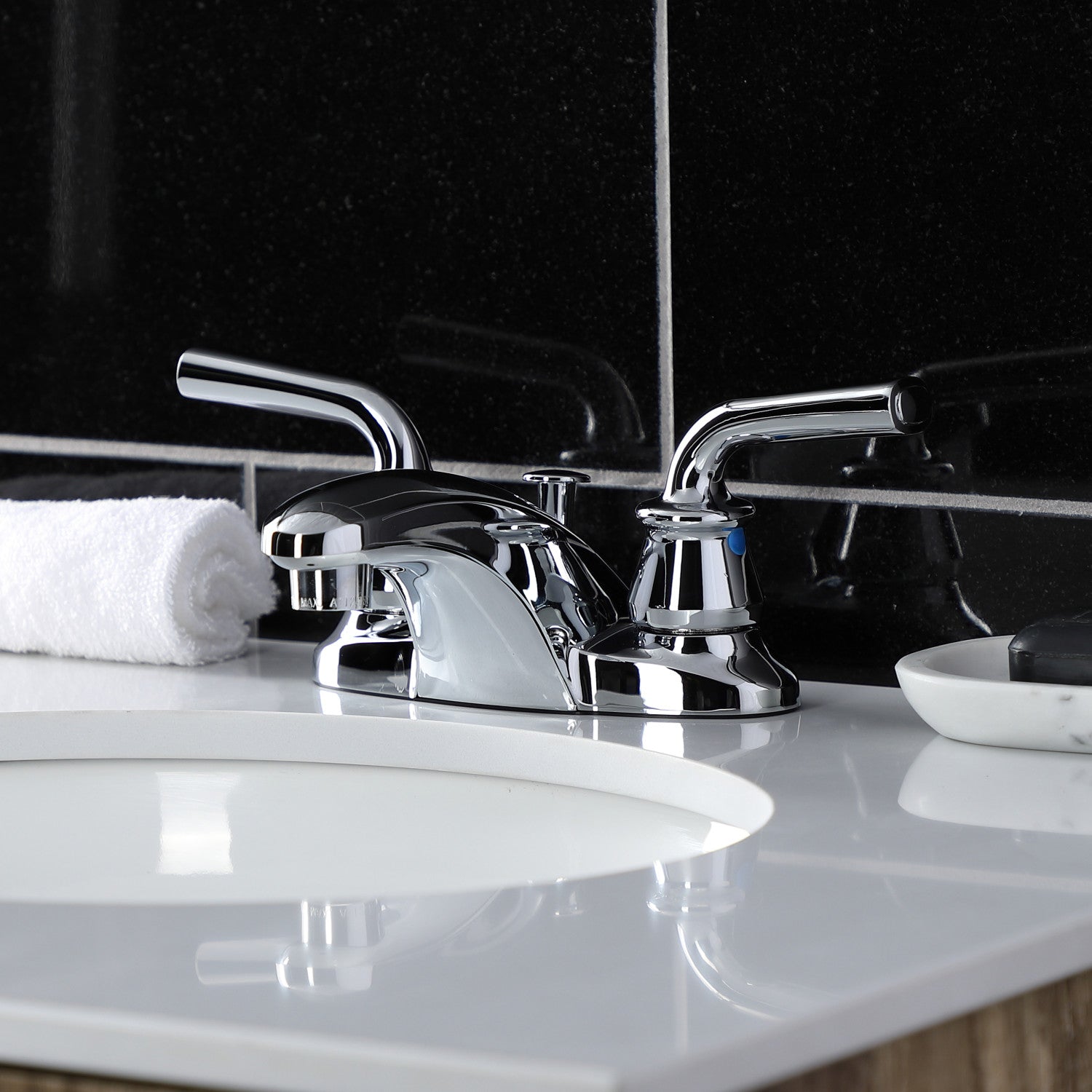 Kingston Tulare FB621RXL - Restoration Double-Handle 3-Hole Deck Mount 4-Inch Centerset Bathroom Faucet with Pop-Up Drain, Polished Chrome — thumbnail 2