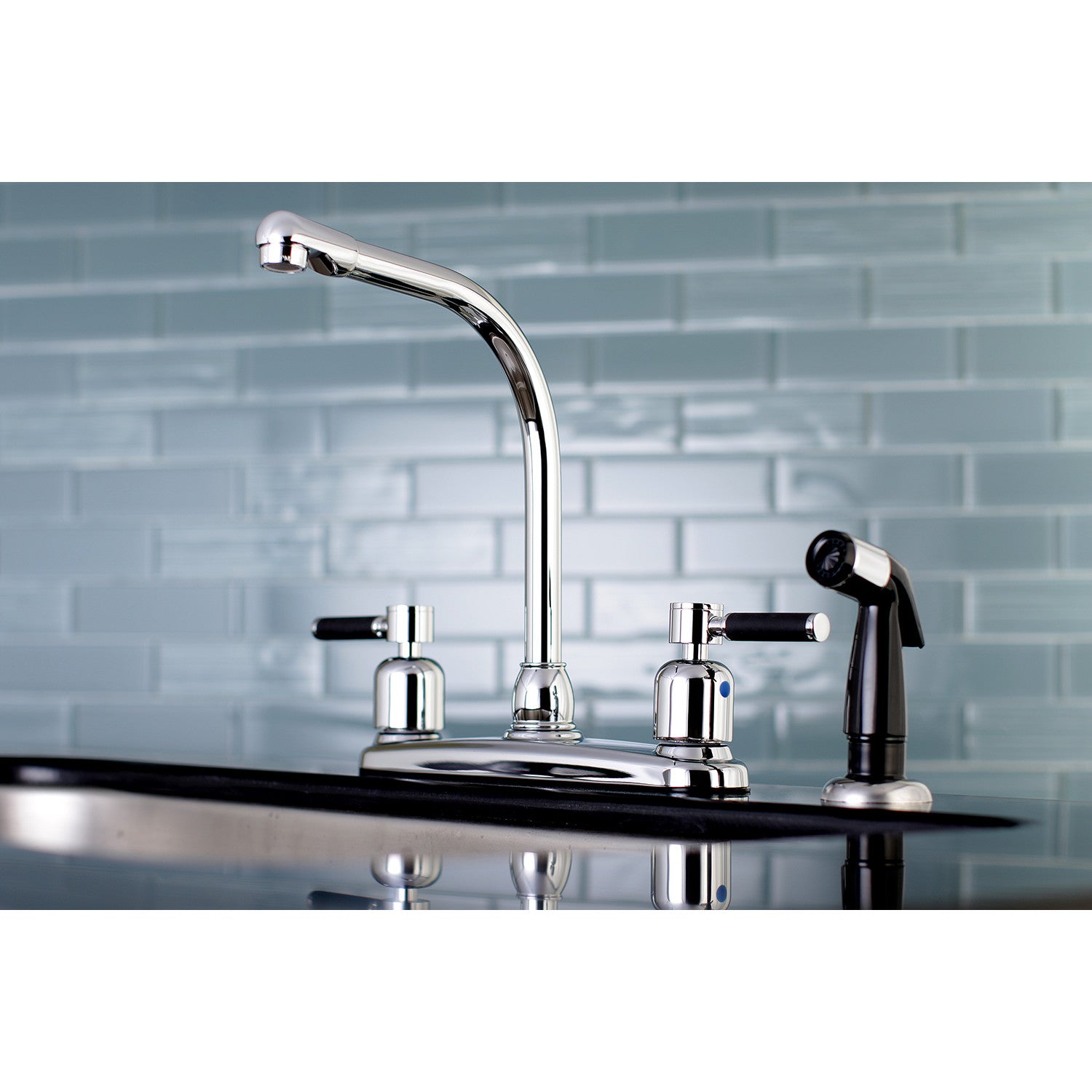 Kingston Kaiser FB751DKL Two-Handle 4-Hole 8" Centerset Kitchen Faucet with Side Sprayer, Polished Chrome — thumbnail 2