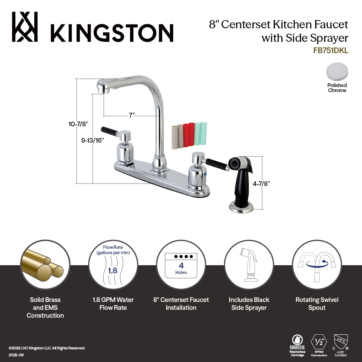 Kingston Kaiser FB751DKL Two-Handle 4-Hole 8" Centerset Kitchen Faucet with Side Sprayer, Polished Chrome — thumbnail 3