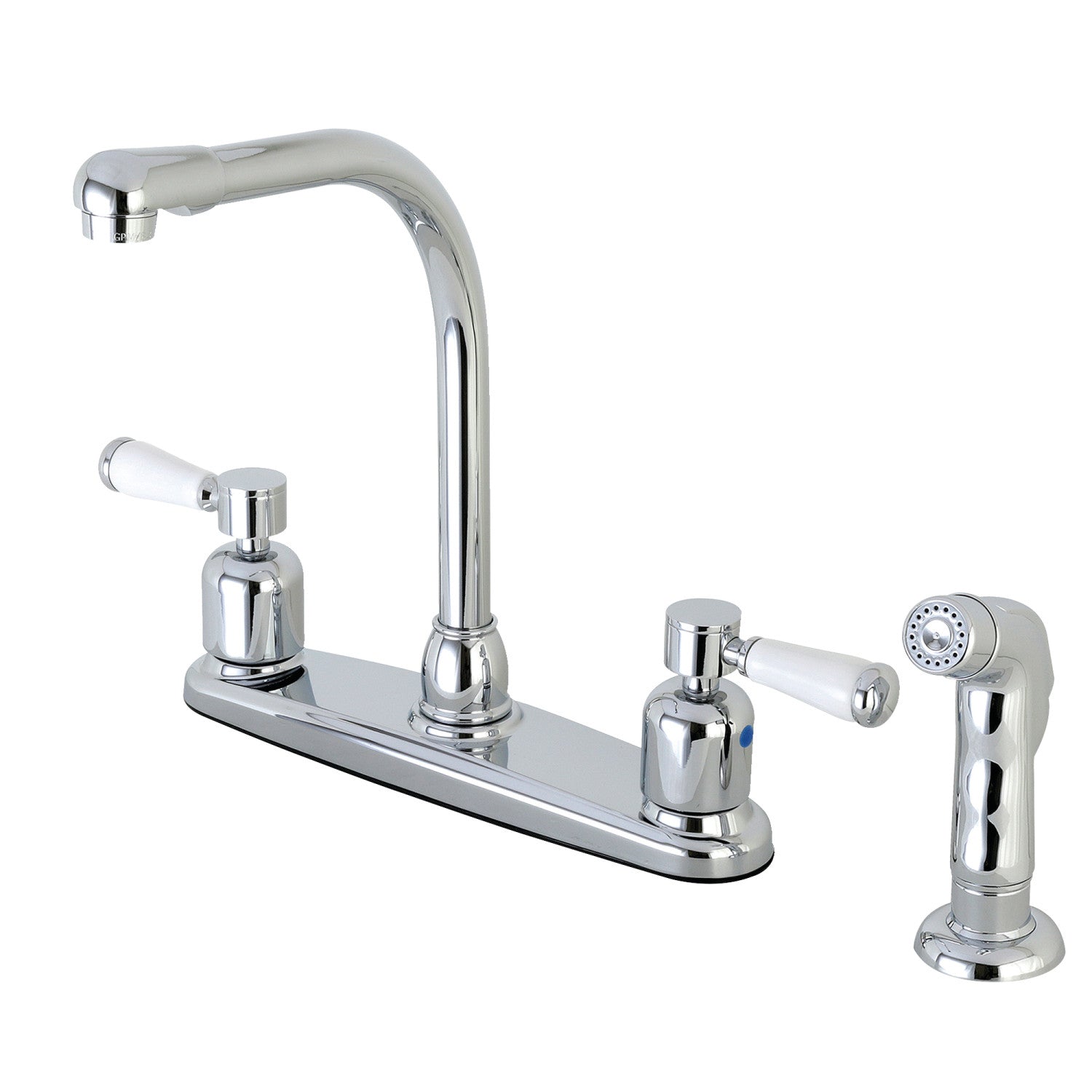 Kingston Tulare FB751DPLSP - Paris Two-Handle 4-Hole 8" Centerset Kitchen Faucet with Side Sprayer, Polished Chrome