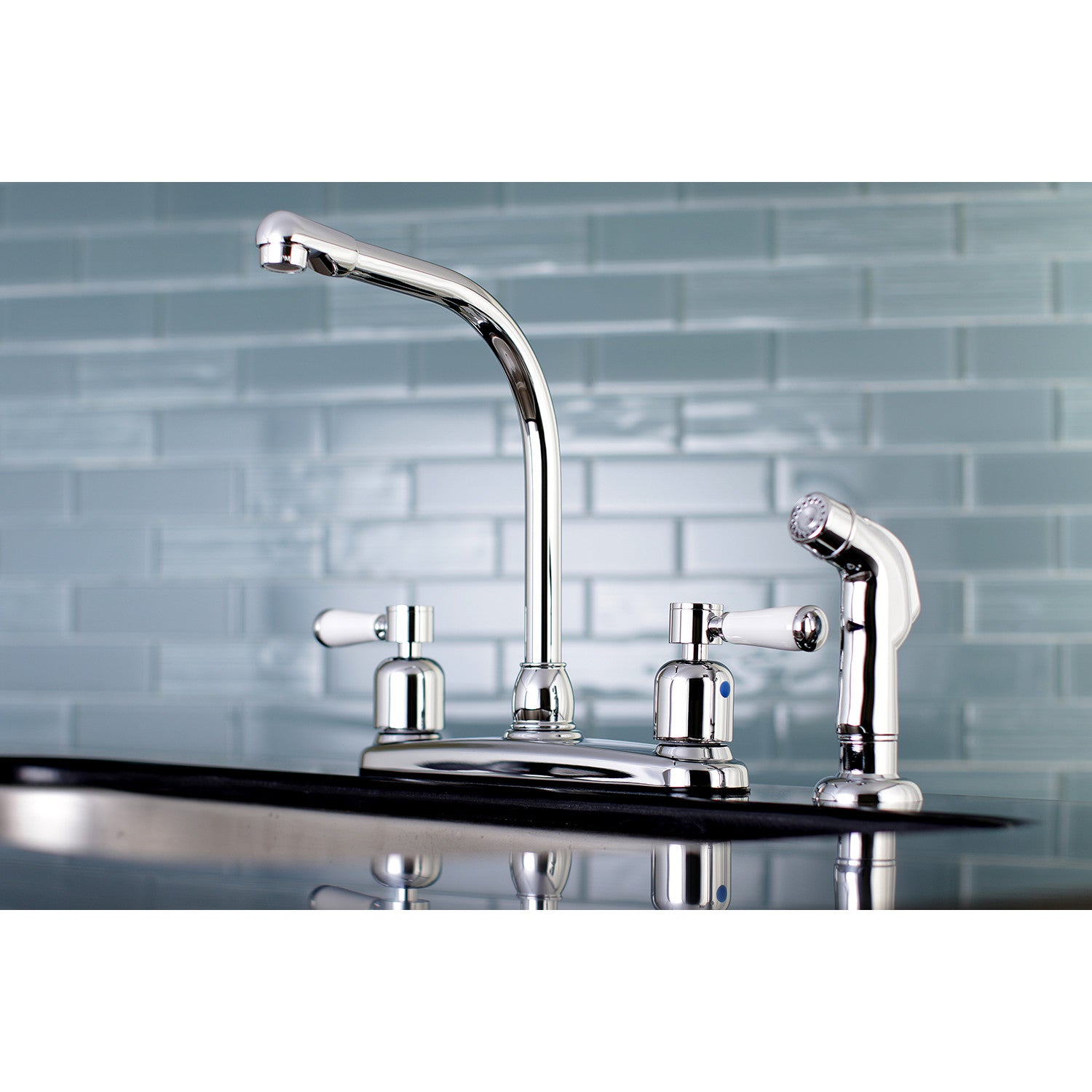 Kingston Tulare FB751DPLSP - Paris Two-Handle 4-Hole 8" Centerset Kitchen Faucet with Side Sprayer, Polished Chrome — thumbnail 2