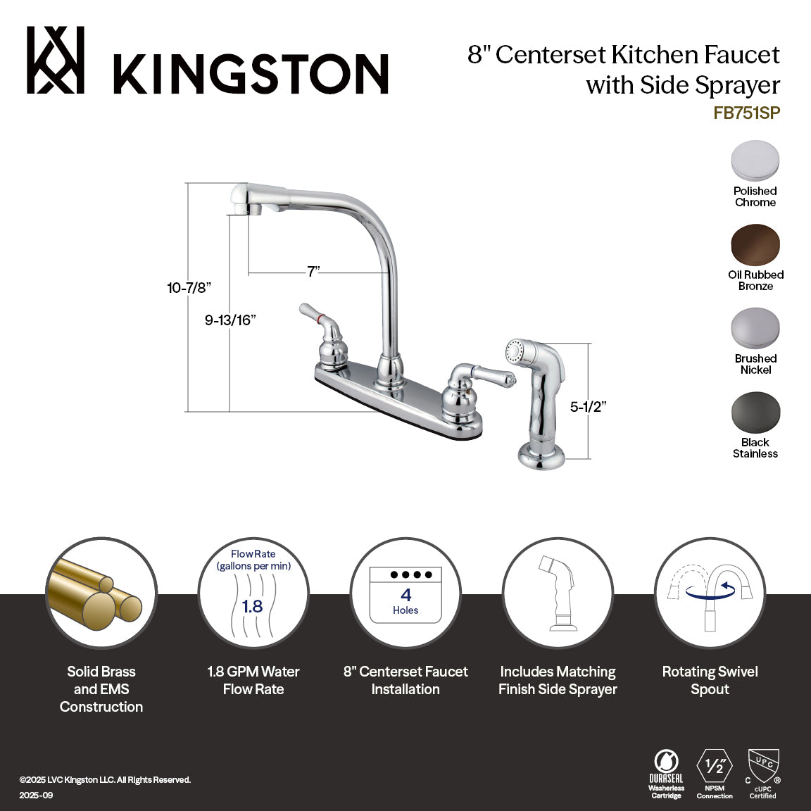 Kingston Tulare FB751SP - Americana Two-Handle 4-Hole 8" Centerset Kitchen Faucet with Side Sprayer, Polished Chrome — thumbnail 2