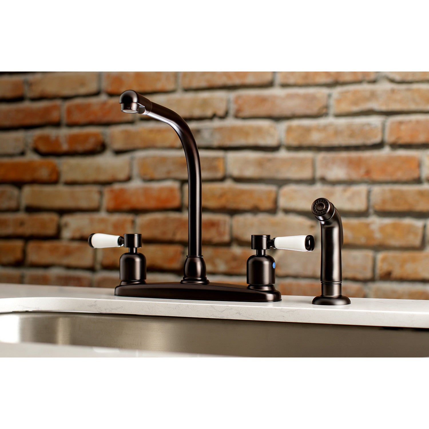 Kingston Tulare FB755DPLSP - Paris Two-Handle 4-Hole 8" Centerset Kitchen Faucet with Side Sprayer, Oil Rubbed Bronze — thumbnail 2