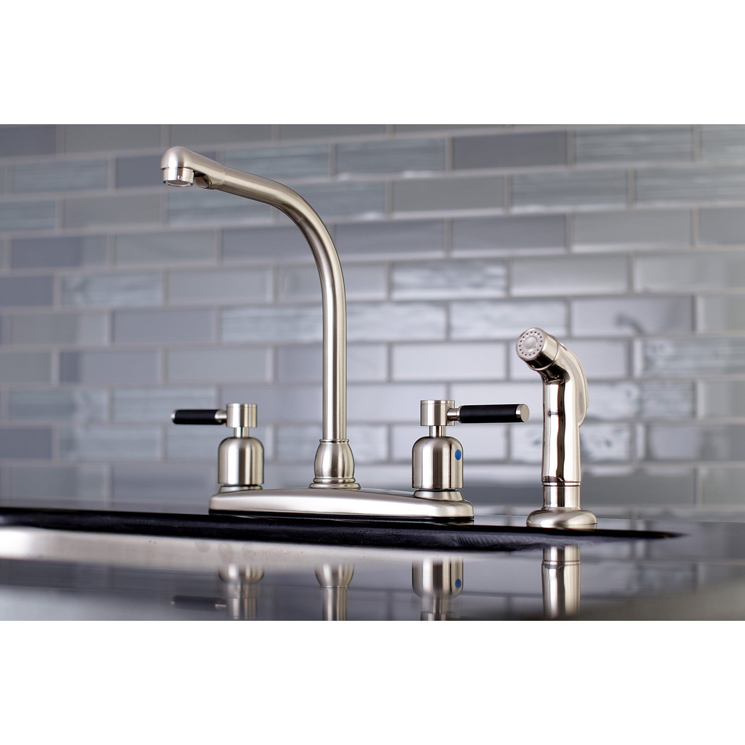 Kingston Tulare FB758DKLSP - Kaiser Two-Handle 4-Hole 8" Centerset Kitchen Faucet with Side Sprayer, Brushed Nickel — thumbnail 2
