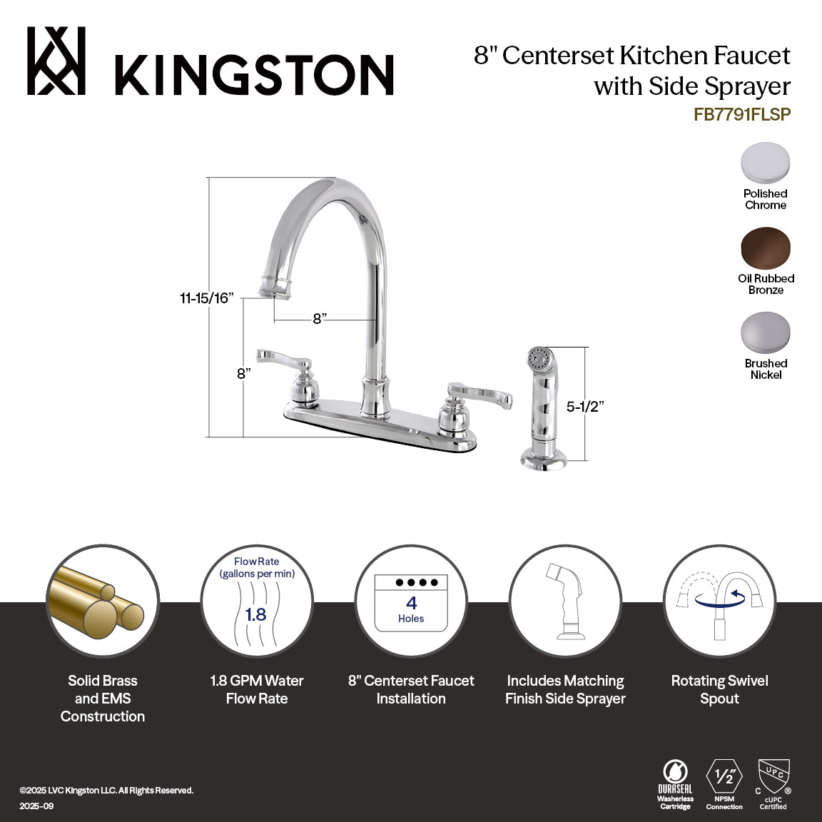 Kingston Tulare FB7791FLSP - Royale Two-Handle 4-Hole 8" Centerset Kitchen Faucet with Side Sprayer, Polished Chrome — thumbnail 3