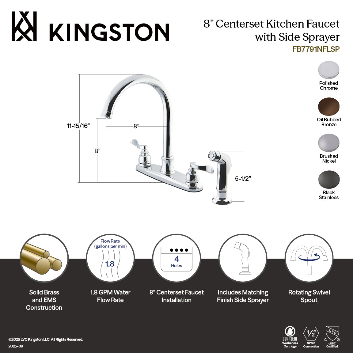 Kingston Tulare FB7795NFLSP - NuWave French Two-Handle 4-Hole 8" Centerset Kitchen Faucet with Side Sprayer, Oil Rubbed Bronze — thumbnail 3