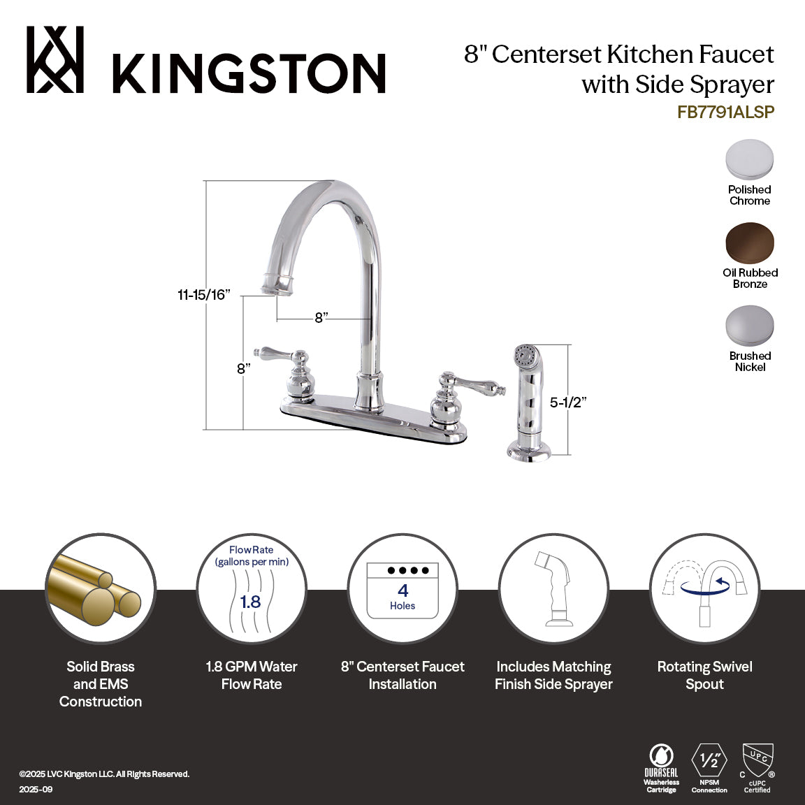 Kingston Heirloom FB7798ALSP - Victorian Two-Handle 4-Hole 8" Centerset Kitchen Faucet with Side Sprayer, Brushed Nickel — thumbnail 3