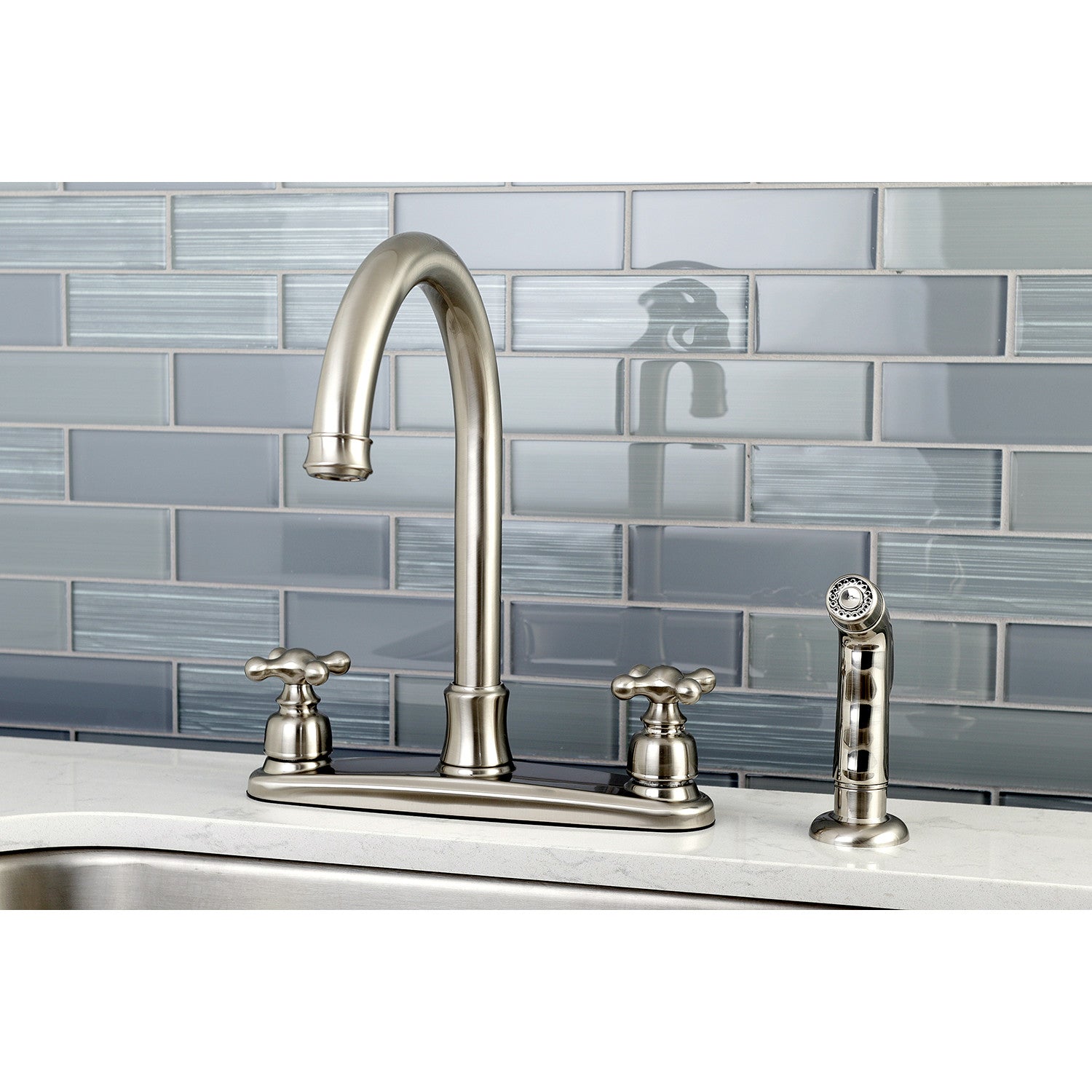 Kingston Heirloom FB7798AXSP - Victorian Two-Handle 4-Hole 8" Centerset Kitchen Faucet with Side Sprayer, Brushed Nickel — thumbnail 2