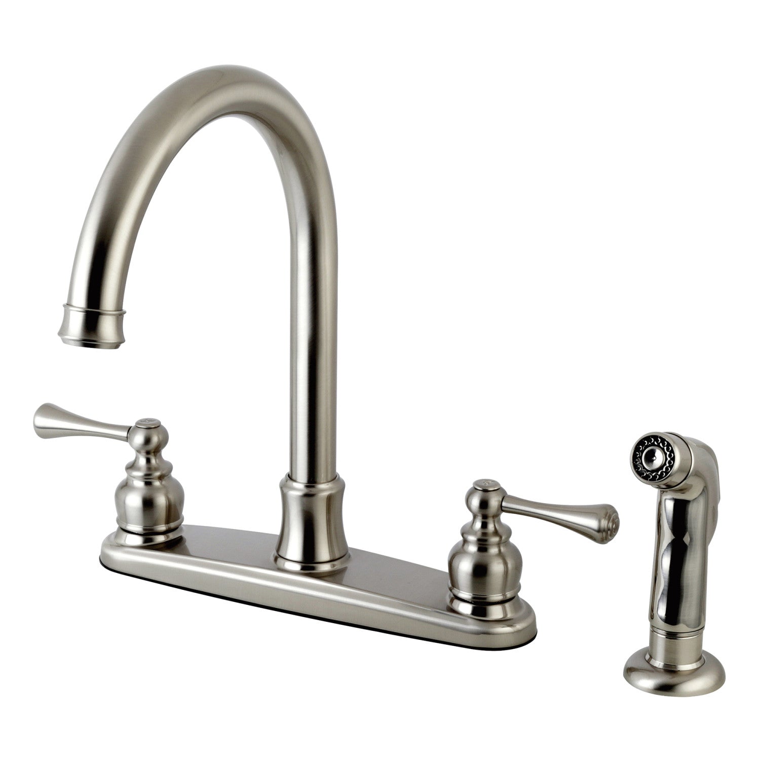 Kingston Tulare FB7798BLSP - Vintage Two-Handle 4-Hole 8" Centerset Kitchen Faucet with Side Sprayer, Brushed Nickel