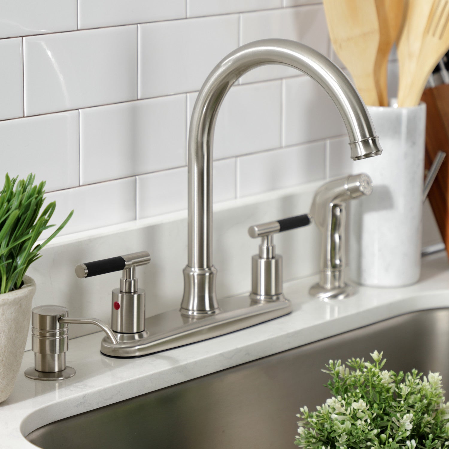 Kingston Tulare FB7798CKLSP - Kaiser Two-Handle 4-Hole 8" Centerset Kitchen Faucet with Side Sprayer, Brushed Nickel — thumbnail 3